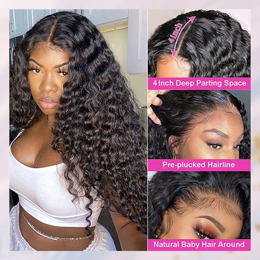 34 Inch Long Human Hair Wig Water Wave Lace Front Wigs Human Hair 180% Density Brazilian Virgin Human Hair 4X4 Curly Wave Lace C