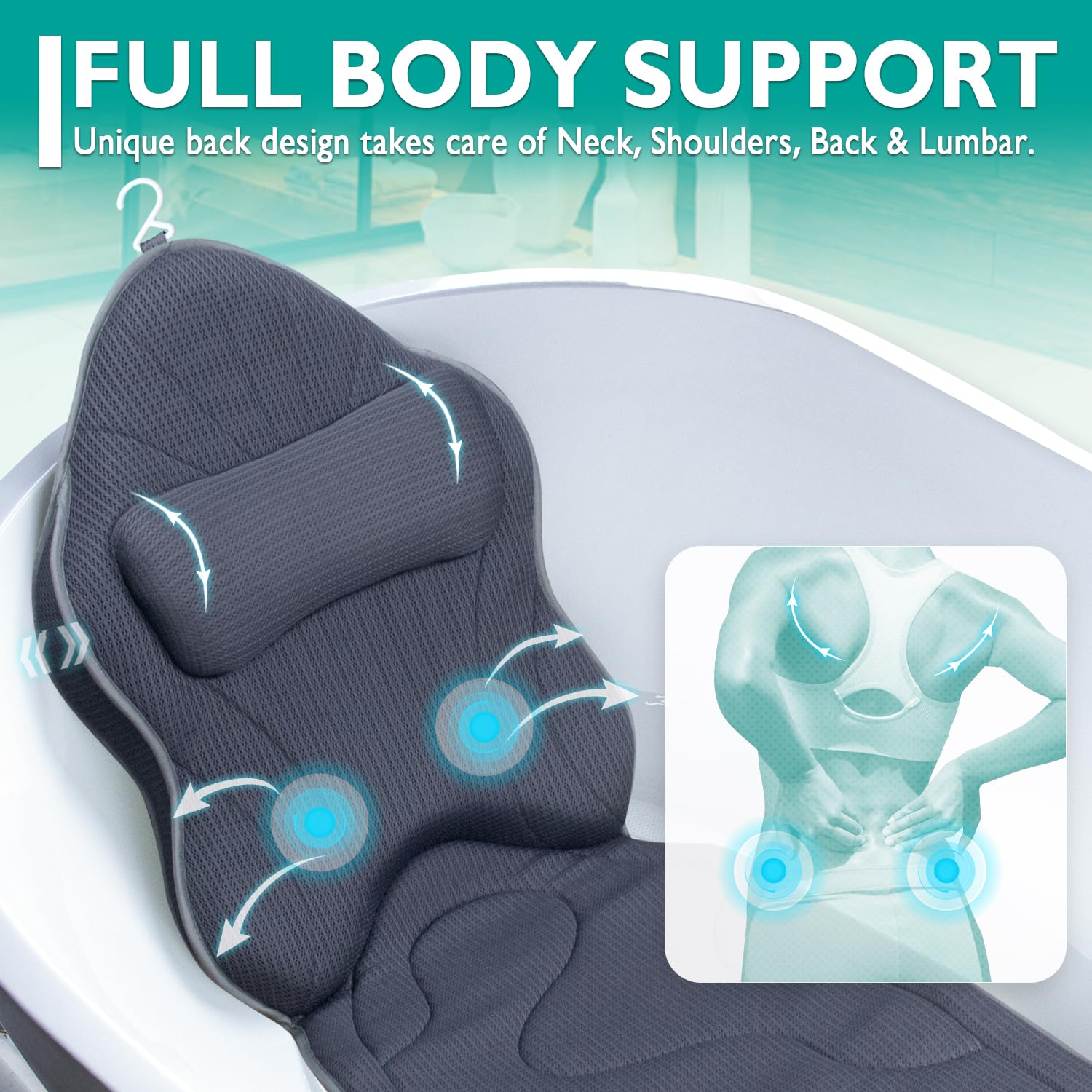 Poemland Luxury Thick Full Body Bath Pillows Mat & Cushion For Bathtub Headrest Neck Shoulder Support Comfort Relaxation Spa Acc