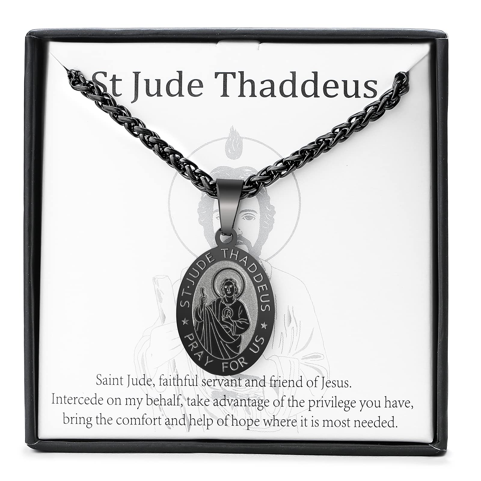 Zocomi Black Saint St Jude Thaddeus Medal Necklace for Men Boys, St. Jude Pendant Chain Jewelry Catholic Christian Religious Bap