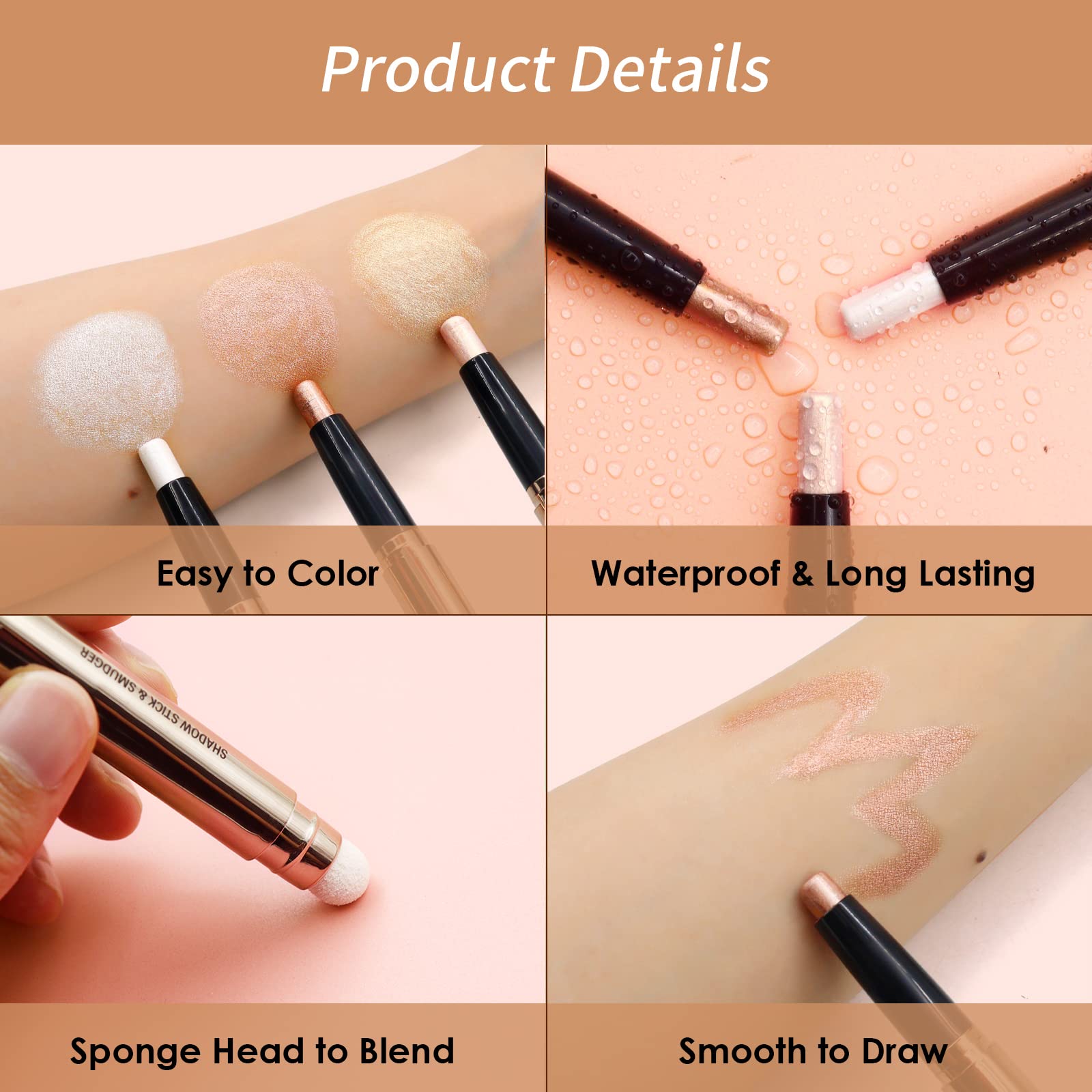 Popmisoler 3 Pcs Glitter Eyeshadow Stick Sets, Smudge Proof Cream Eye Shadow Sticks Brown Eyeshadow Pencil With Soft Smudger Wat