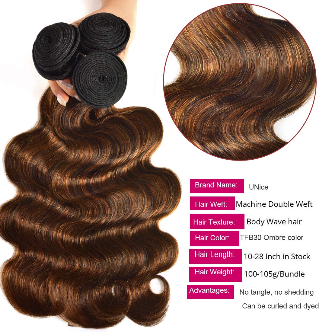 UNice Brown Highlight Body Wave Human Hair Weave 3 Bundles 10 12 14 inch, Brazilian Remy Hair Ombre Blonde Human Hair Wavy Weave