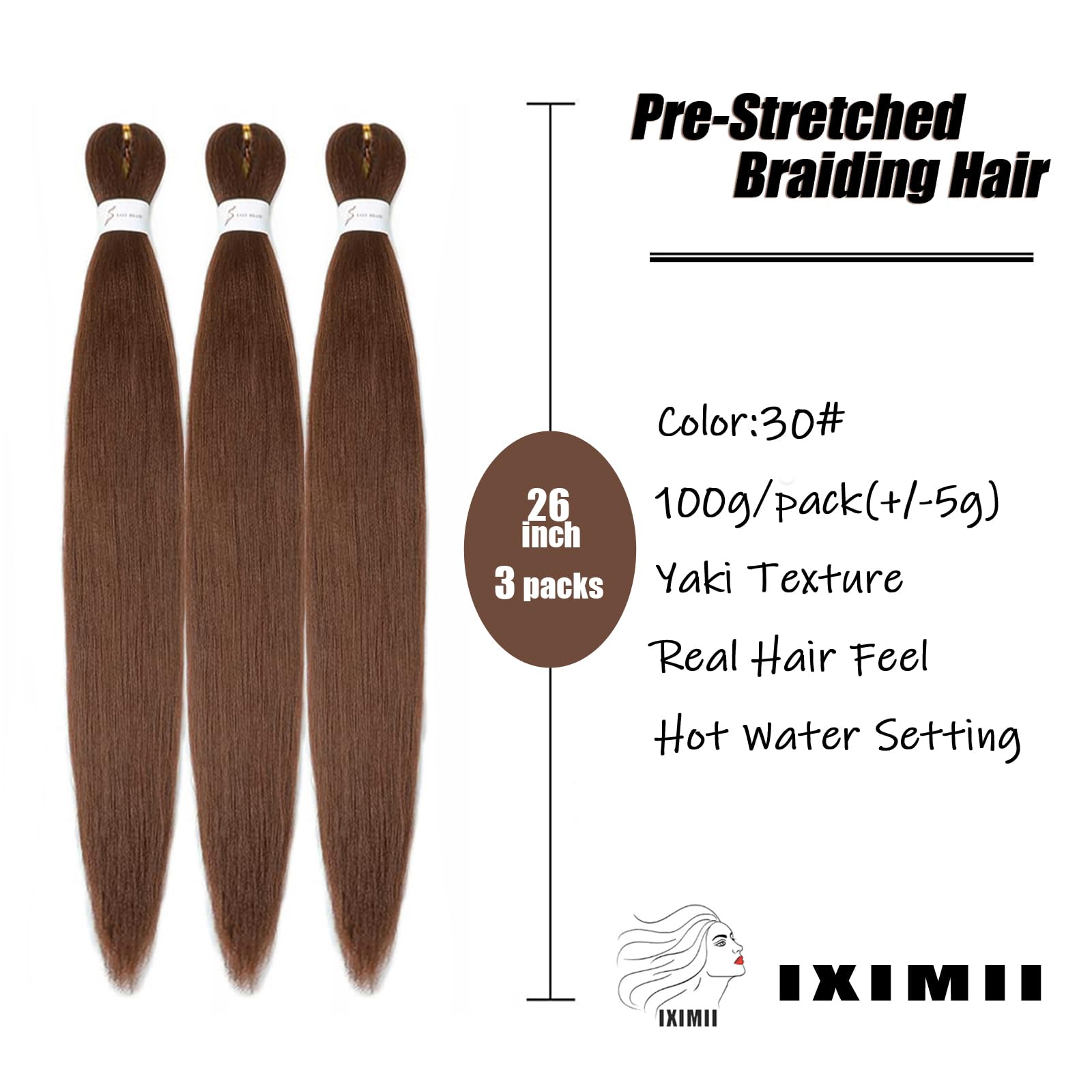 Iximii 3 Packs #30 Braiding Hair Pre Stretched 26 Inch Pre-Stretched Kanekalon Hair Straight Crochet Braids Soft Yaki Texture Ho