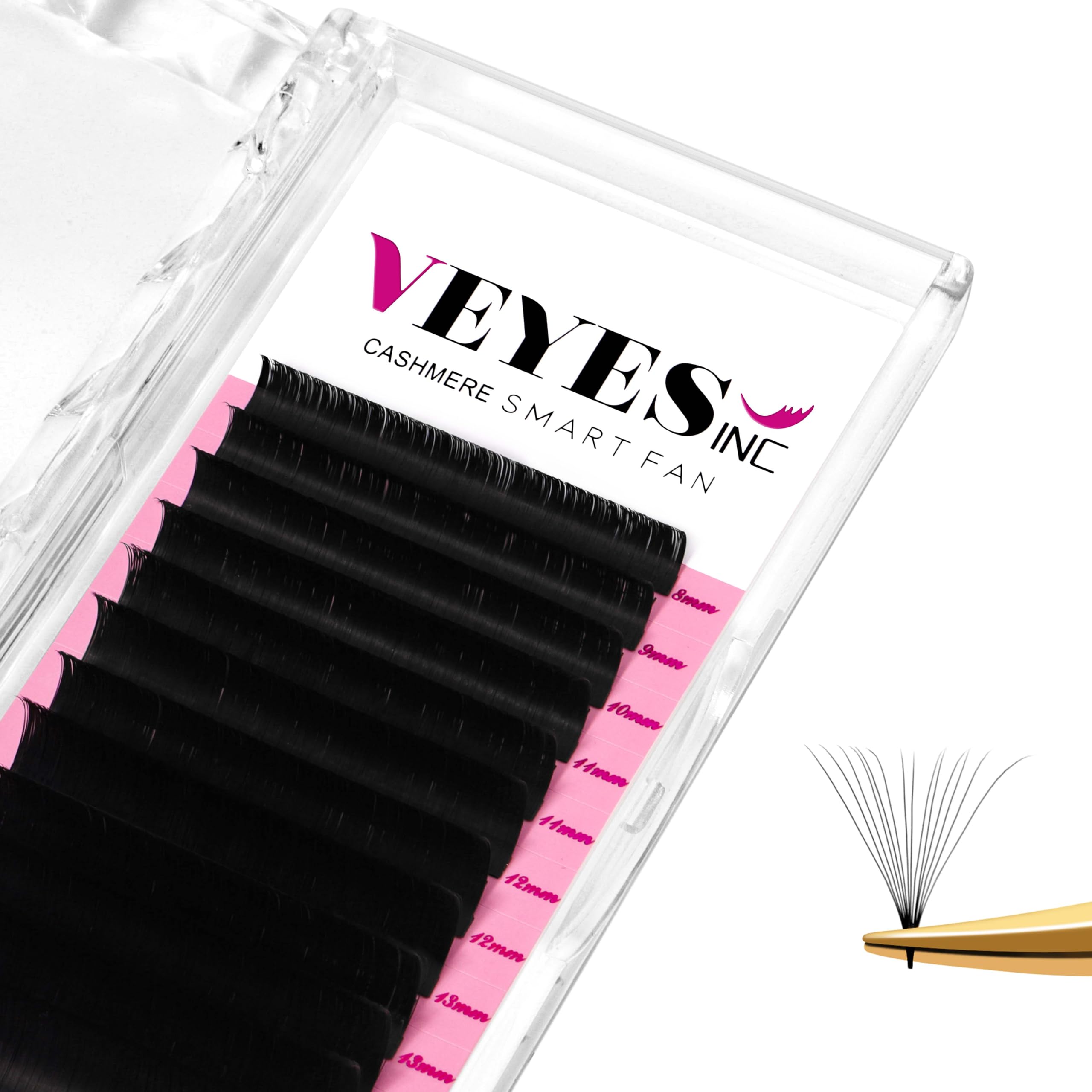 VEYES INC Cashmere Smart Fan Lash Extensions 0.03 0.05 0.07 C/CC/D Curl 8-20mm Mixed & Single Length, Super Matte Black Volume L