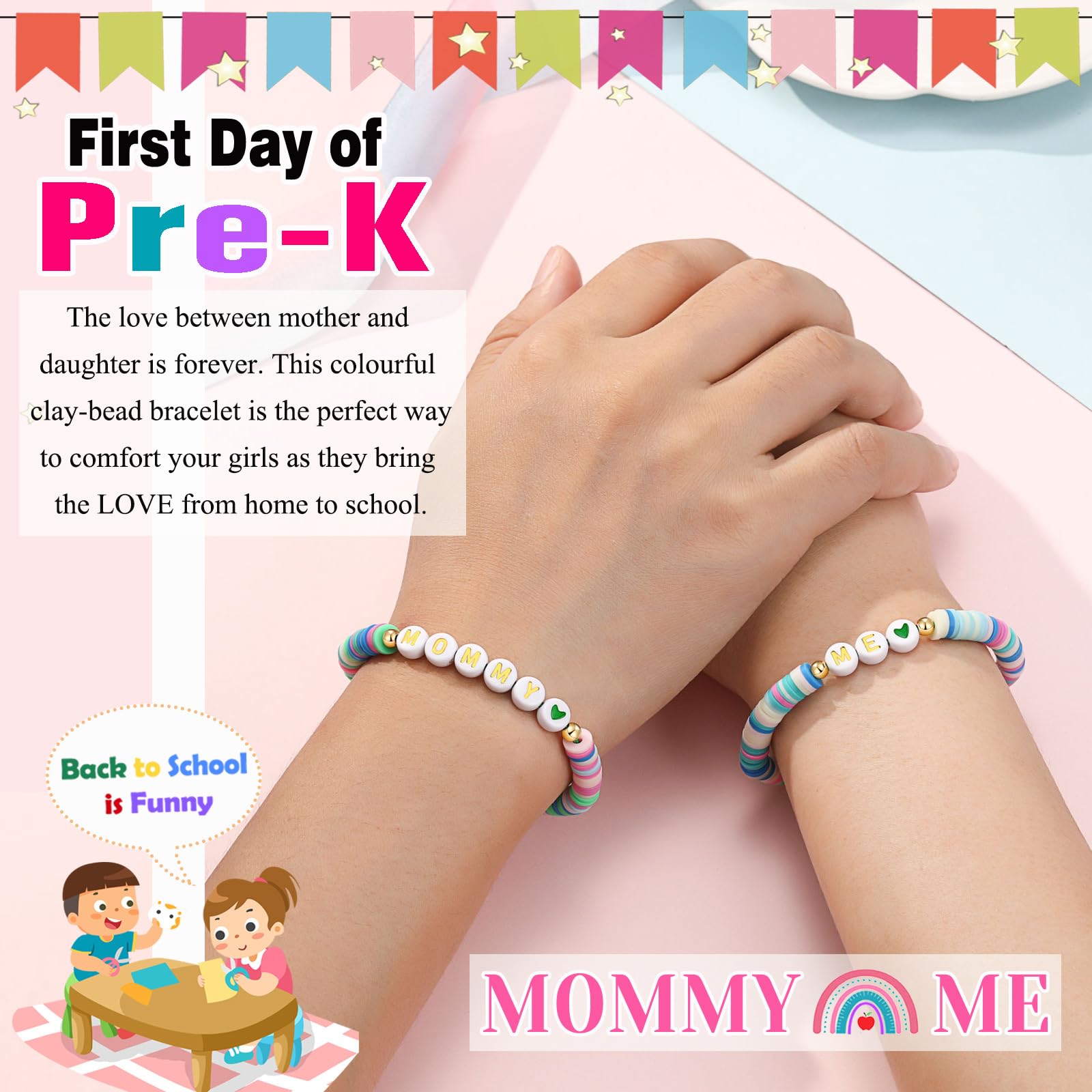 UNGENT THEM First Day of Pre K Preschool Bracelet, Back to School Bracelet Mommy and Me First Day of School Bracelet Mom and Dau