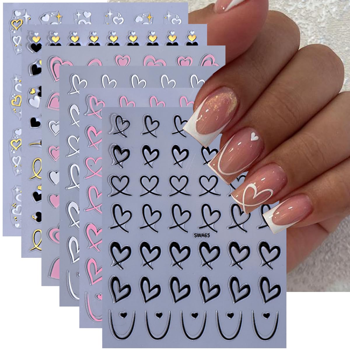 Love Heart Nail Art Stickers Valentine's Day Heart Nail Stickers for Nail Art 6PCS French Heart Nail Decals 3D Self-Adhesive Nai