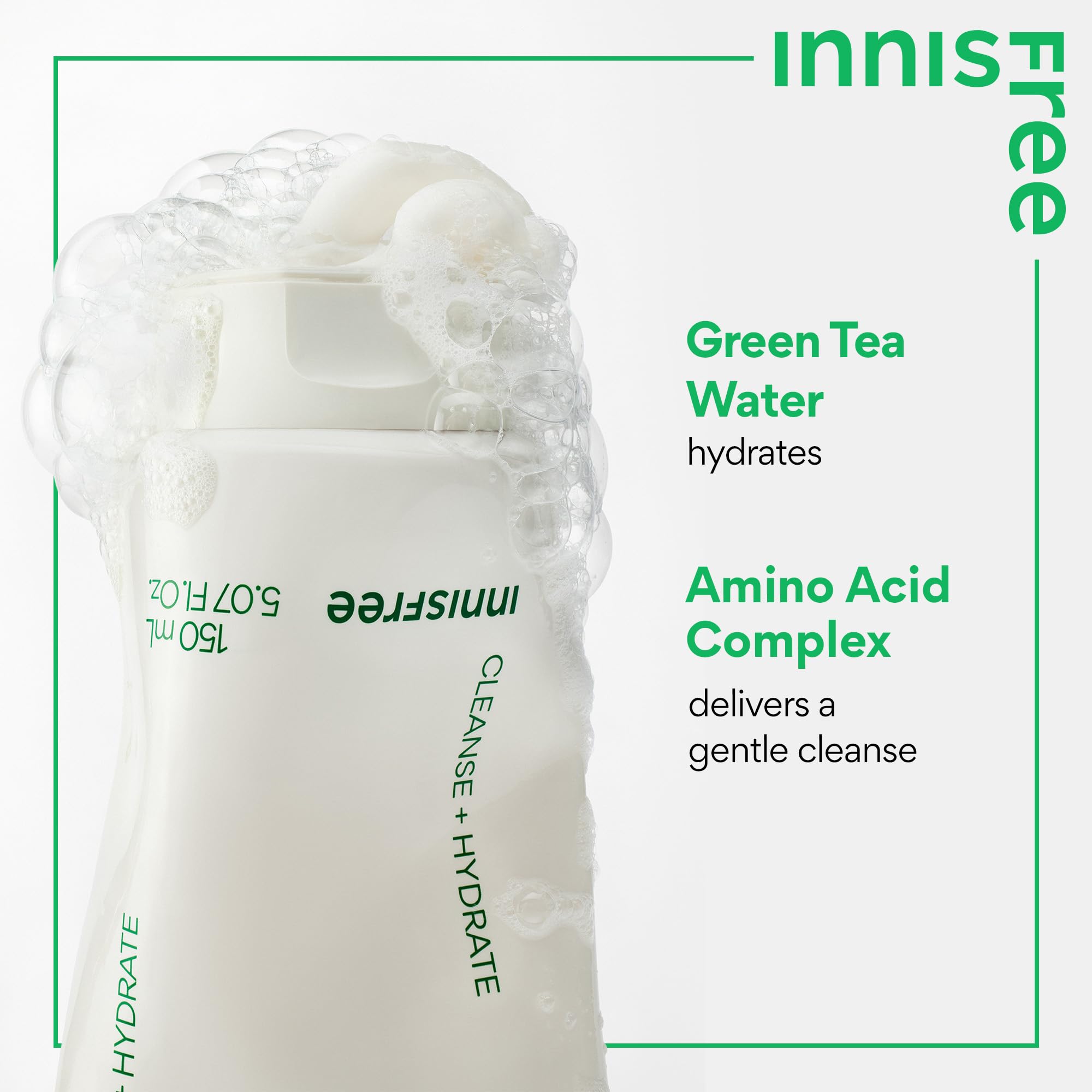 Innisfree Green Tea Amino Acid Cleansing Foam, Sulfate Free, Korean Hydrating Face Cleanser With Gentle Foam