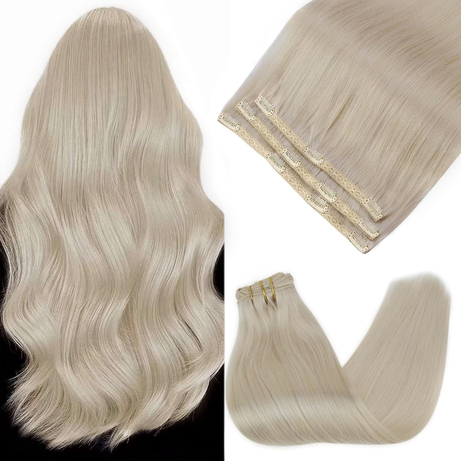 Sunny Human Hair Extensions Clip ins Platinum Blonde Clip in Hair Extensions Straight Human Hair Clip in Extensions Blonde White
