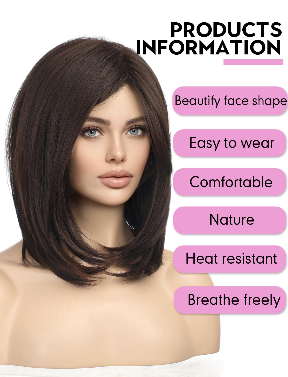 Haircube Dark Brown Shoulder Length Bob Wigs For Women Side Parting