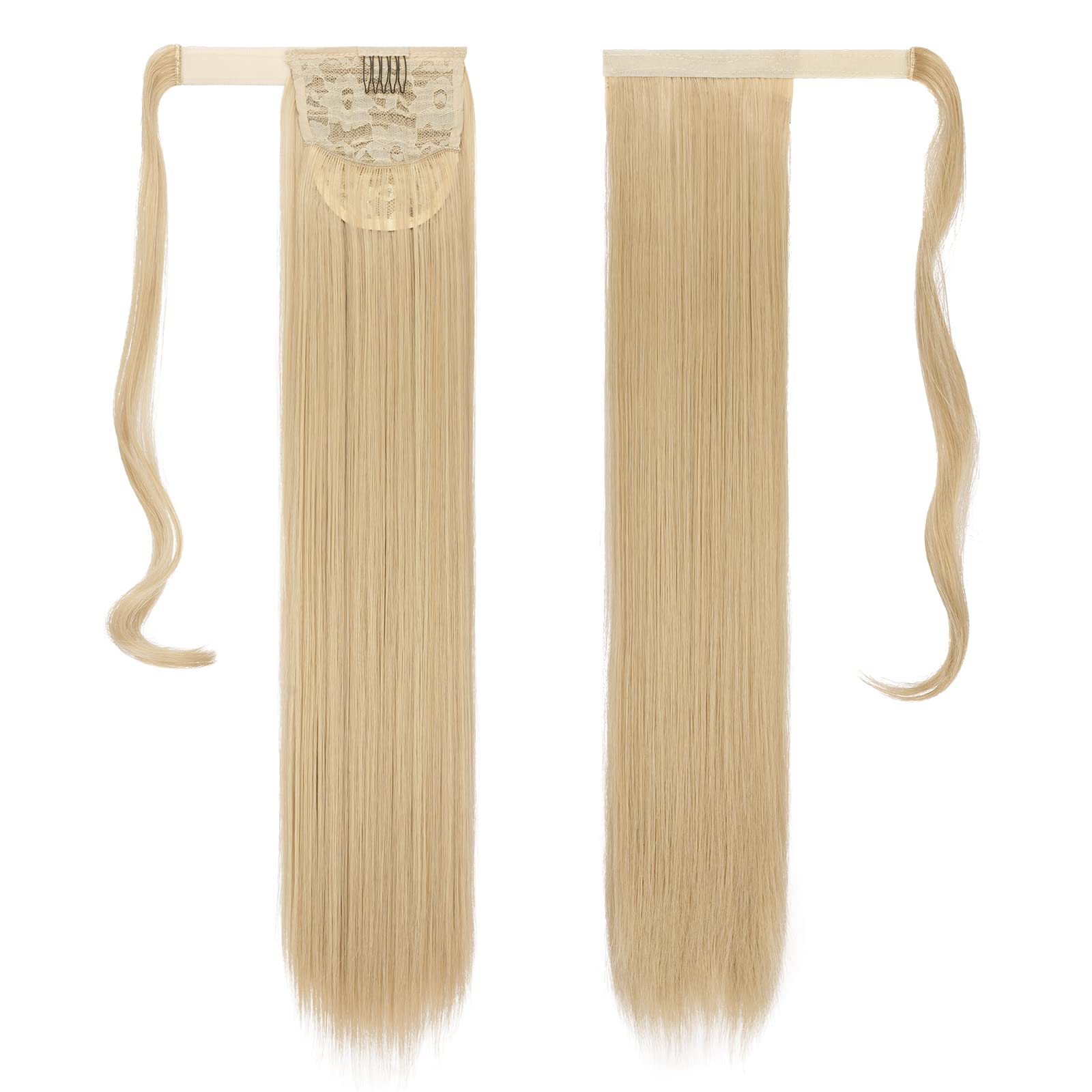 Feshfen Straight Long Ponytail Extensions 24 Inch Ash Blonde Wrap Around Synthetic Ponytails Hair Piece Pony Tail Hair Extension