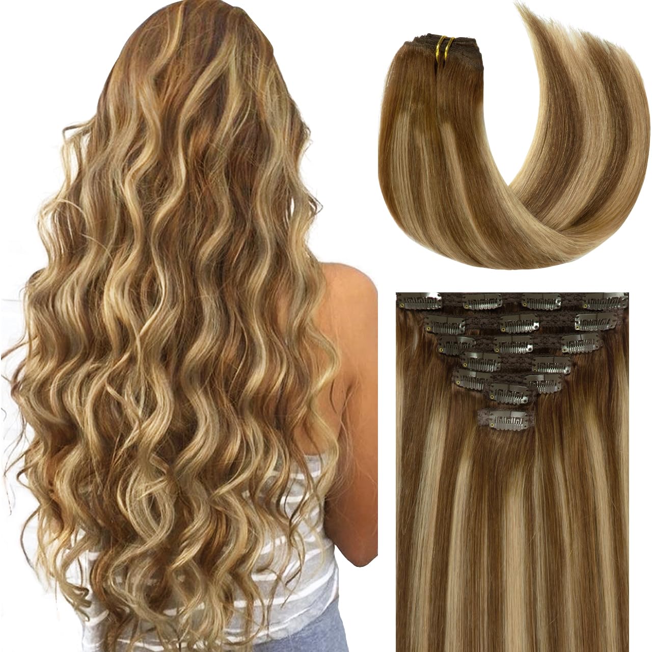 Lacer 7pcs 140g Hair Extensions Clip in Human Hair Remy Ombre Chocolate Brown to Strawberry Blonde Balayage Clip in Human Hair E