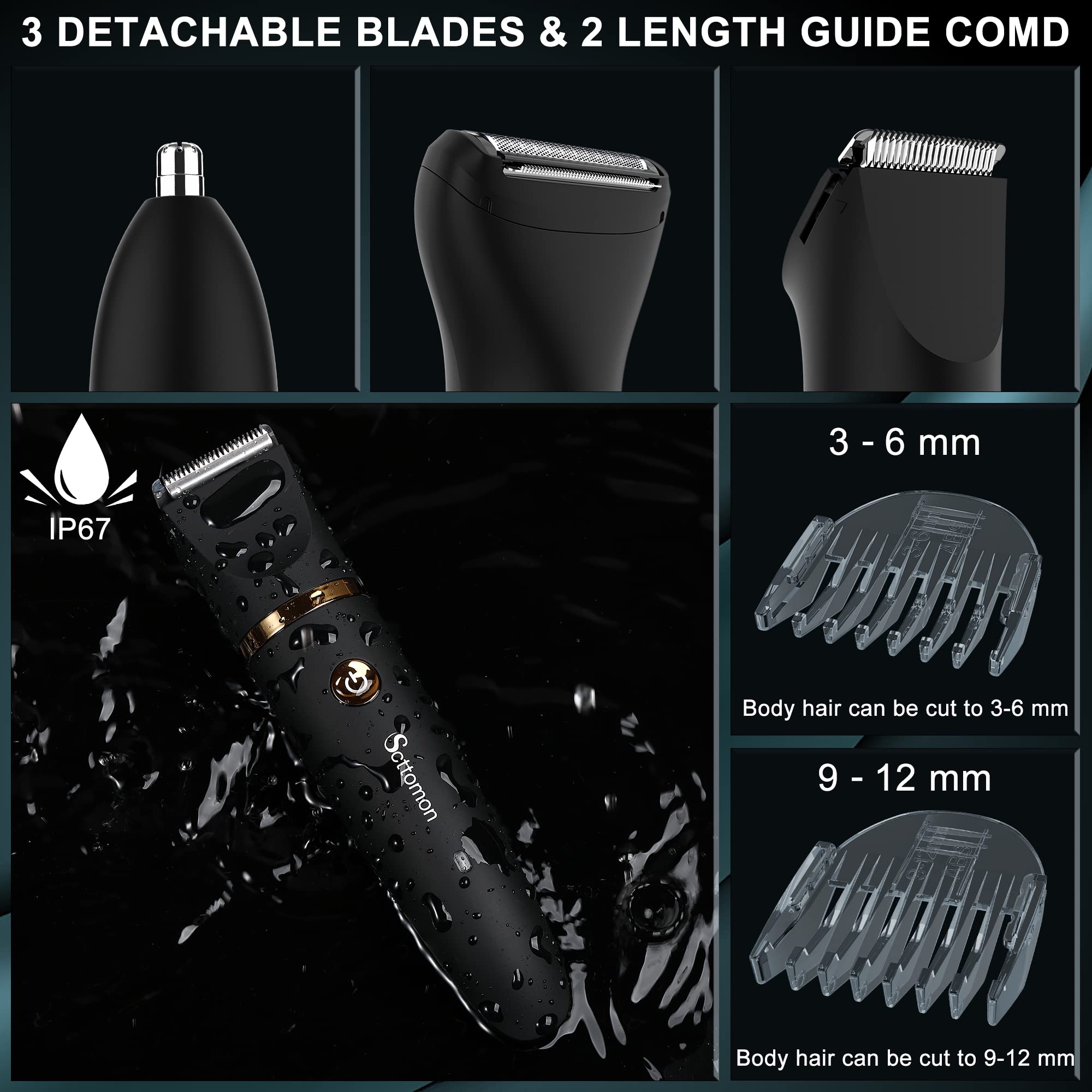 Scttomon Electric Groin Hair Trimmer, Waterproof 3-in-1 Body Shaver, Stainless Steel, Black, Model RFC-2018