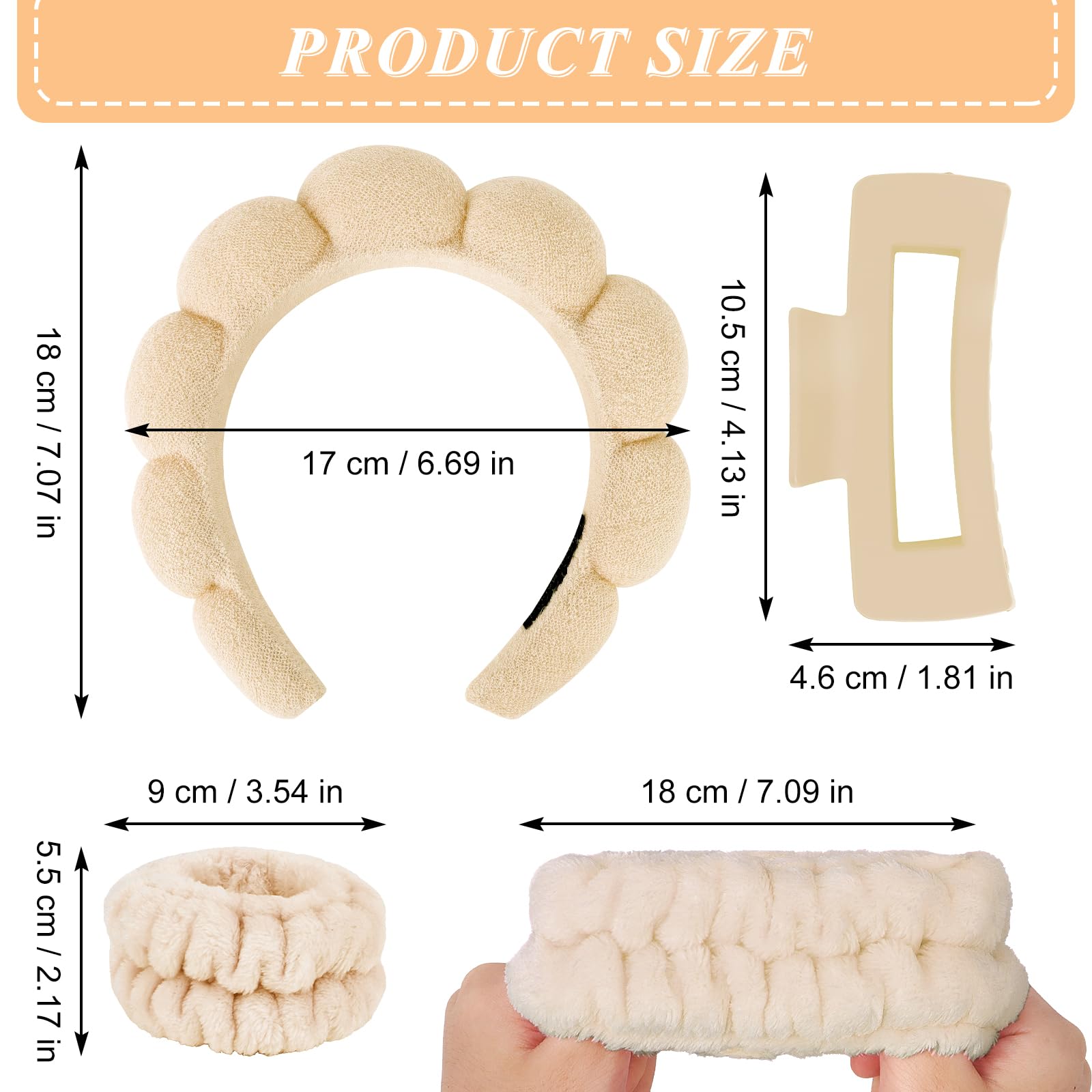 Wecoe White Khaki Spa Headband And Wristband Set Skincare Headband For Washing Face Hair Claw Clips For Thick Hair Cute Puffy Sp
