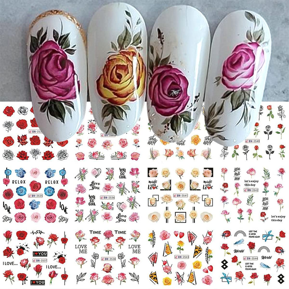 Flower Nail Stickers Rose Geometric Lines Nail Decor Water Transfer Decals Slider Love Letter Nail Foils Diy Wedding Designs Man