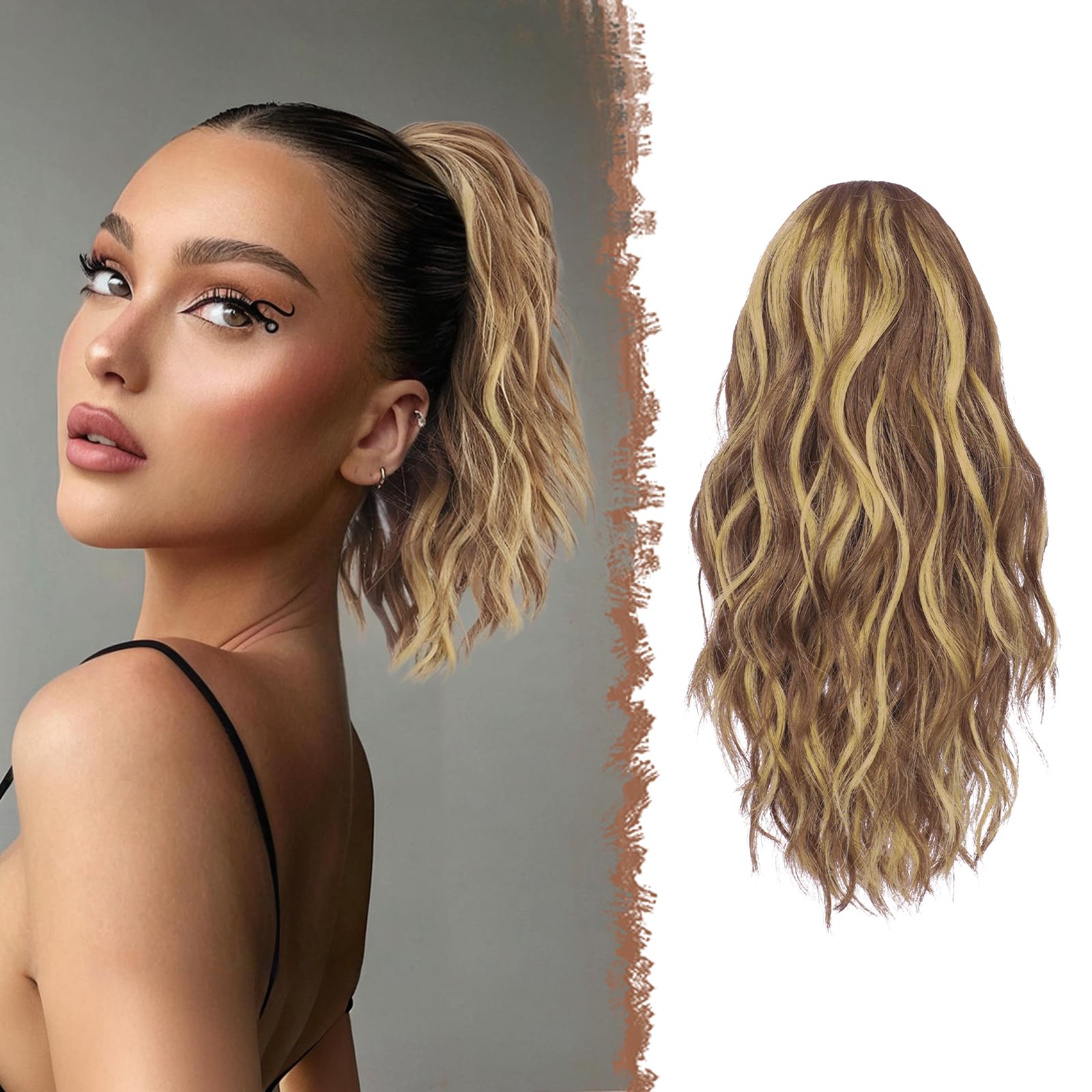 FESHFEN Ponytail Extensions, Drawstring Ponytails Hair Extension Light Brown & Blonde Short Curly Wavy Hair Piece Synthetic Pony