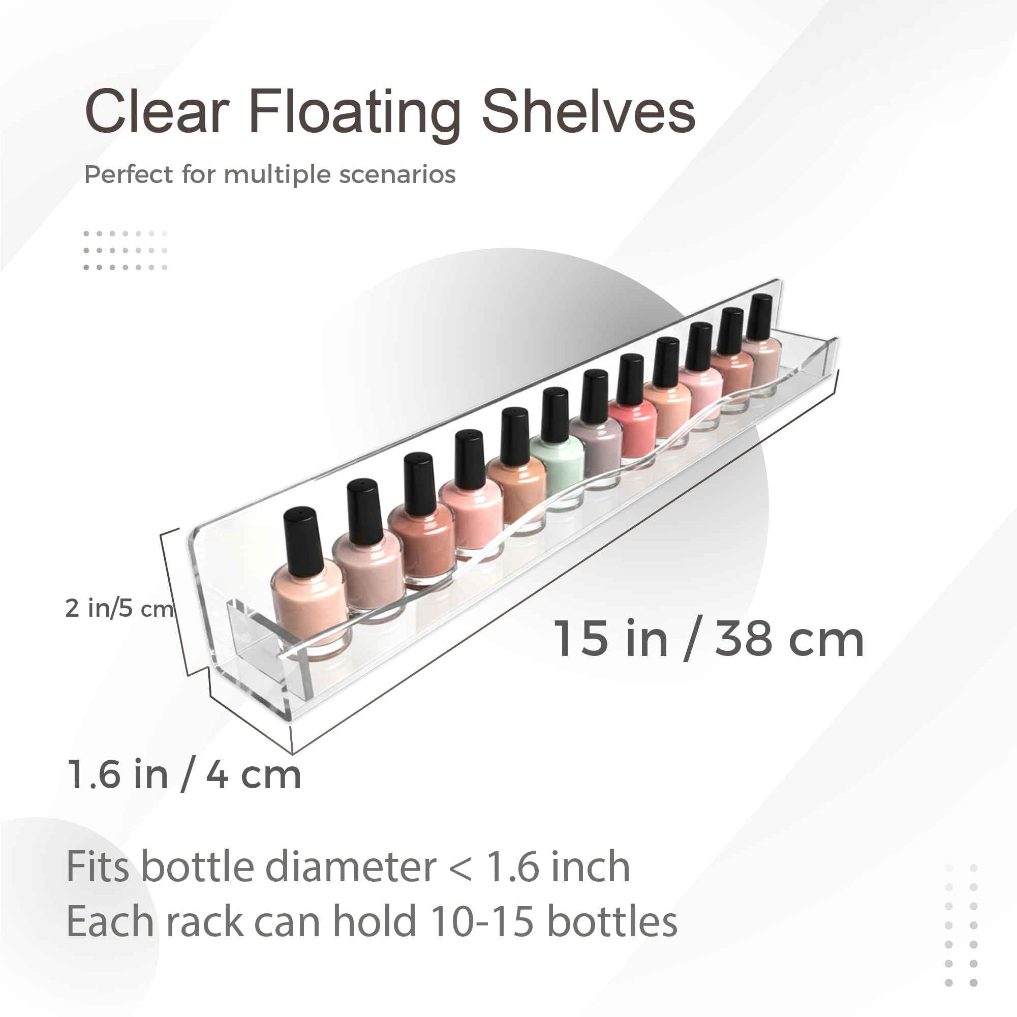 YMVV 15 Nail Polish Racks Wall Mounted Shelf,6 Pack Clear Acrylic Nail Polish Organizer Nail Supplies for Nail Techs,Great Displ