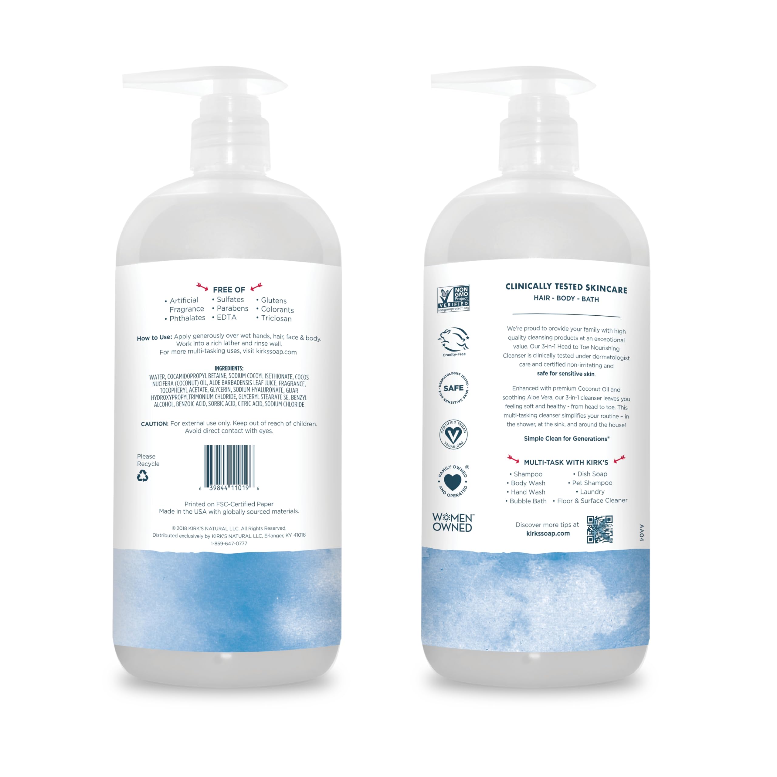 Kirk'S 3-In-1 Castile Liquid Soap Head-To-Toe Natural Shampoo, Face Soap & Body Wash For Men, Women & Children | Coconut Oil + A