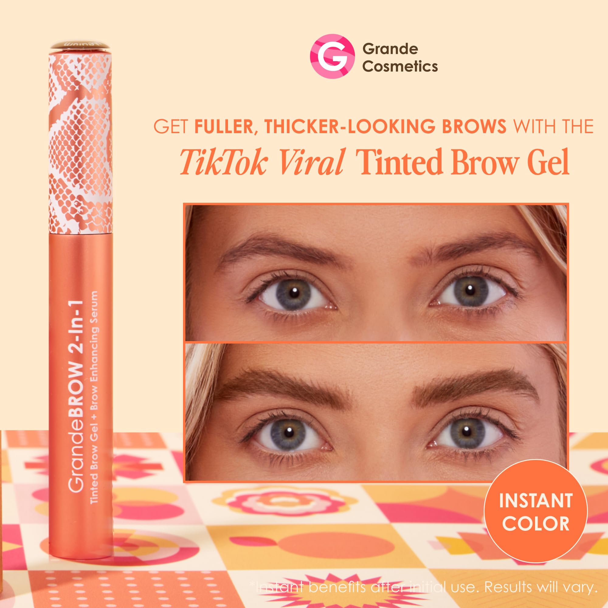 Grande Cosmetics 2-In-1 Tinted Brow Gel + Brow Enhancing Serum, Thick & Darker Brows, Shape & Fill Brows Effortlessly, Dark, Tra