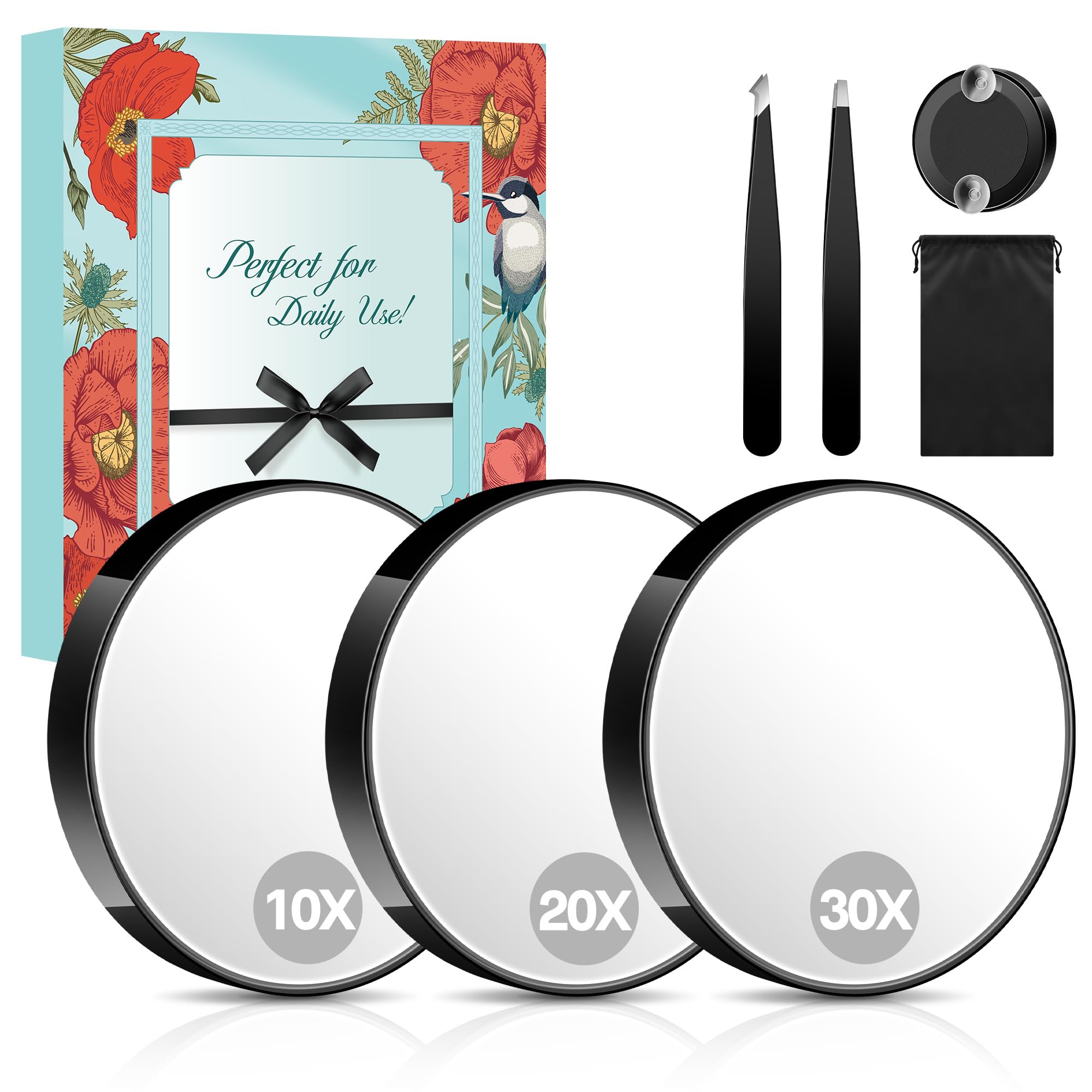 MIYADIVA Magnifying Mirror Set, 10x&20x&30x Suction Cup Makeup Mirror, 2 Tweezers & Storage Bag. 3.5in Compact Mirror for Travel