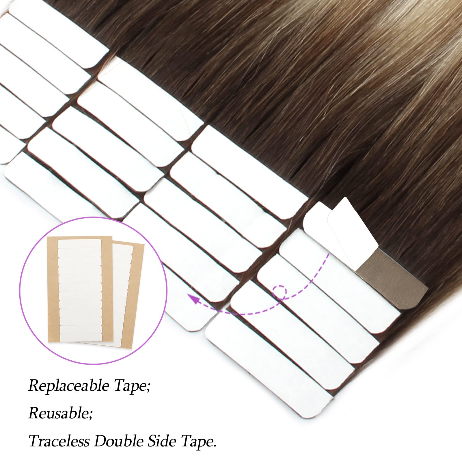 Abh Amazingbeauty Hair Tape In Hair Extensions Highlighted 22 Inch Semi-Permanent Pre-Taped Double Sided Rooted Ash Brown-Beach