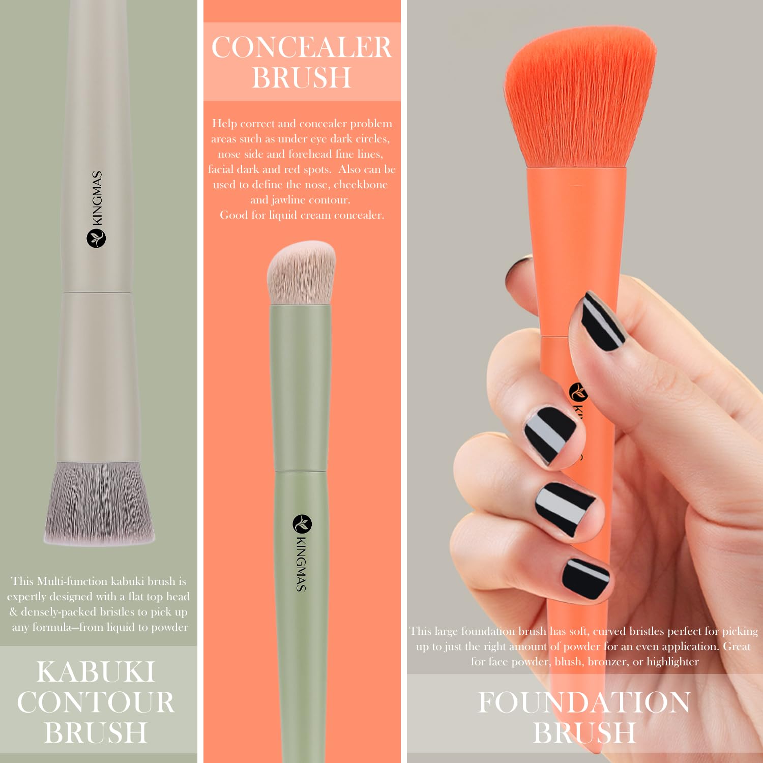 Kingmas 3Pcs Foundation Brush Contour Concealer Brush Set, Under Eye & Blusher Brush Kabuki Makeup Brushes For Face Blush Bronze