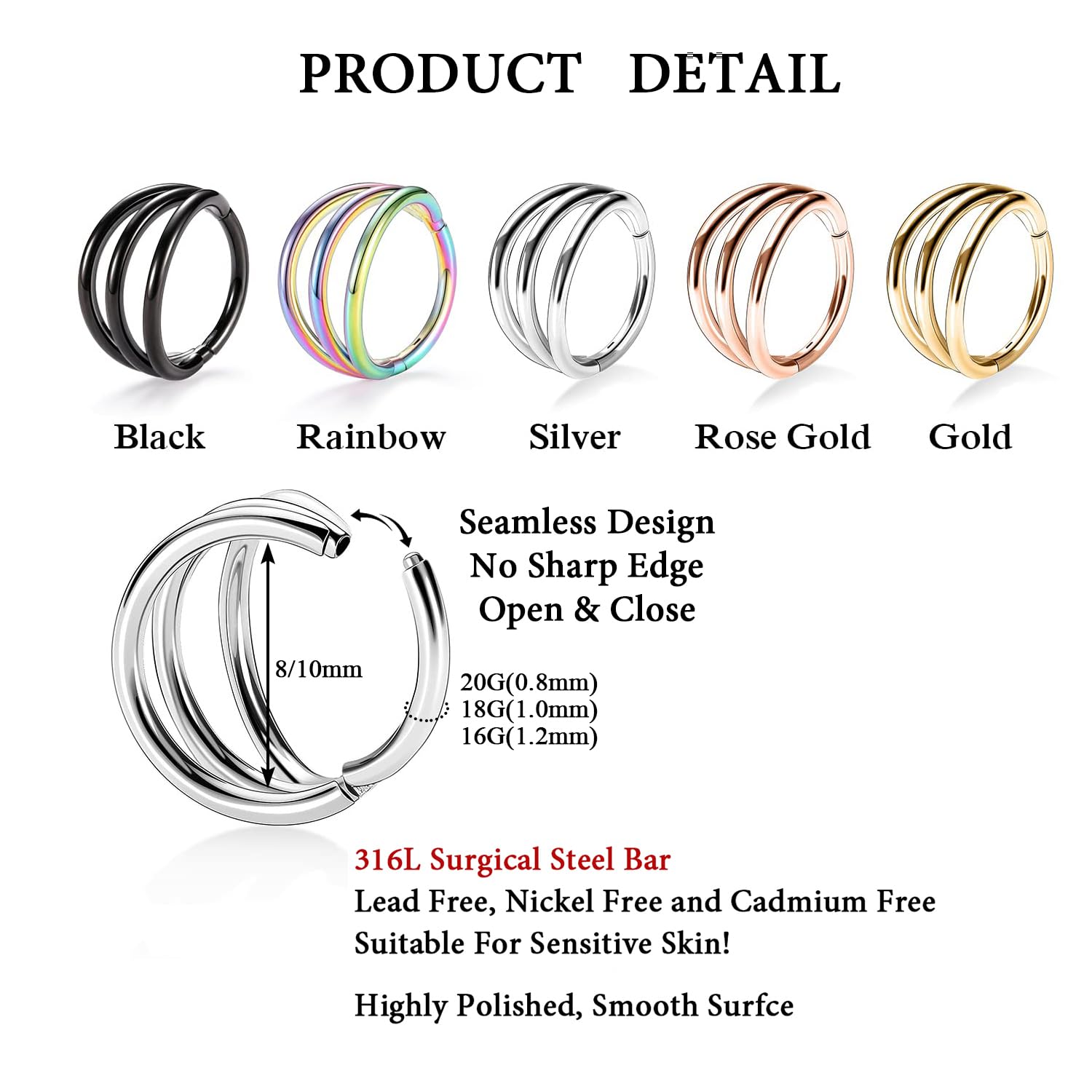 FUNLMO Septum Ring 16G Nose Ring Tragus Helix Conch Rook Daith Piercing Jewelry Triple Hoop Nose Ring Cartilage Hoop Earring 316