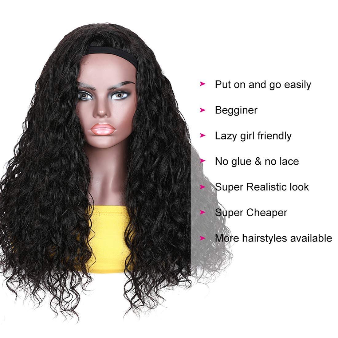 Beauty Forever Headband Human Hair Wigs Water Wave Glueless Human Hair Wigs With Pre-Attached Scarf Non Lace Front Wigs For Wome