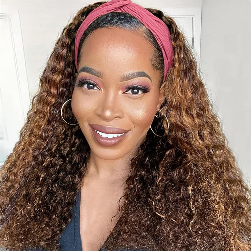NICMISS Ombre Highlight Headband Wig Human Hair 4/27 Curly Human Hair Headband Wigs for Black Women Deep Wave Glueless None Lace