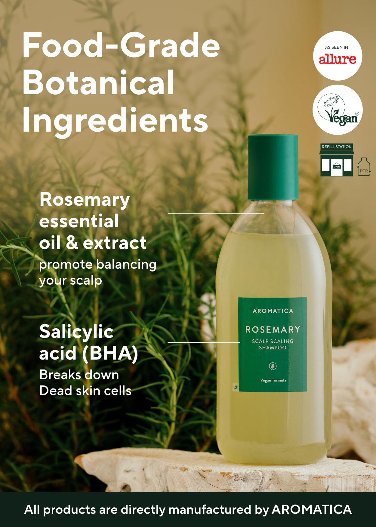AROMATICA Rosemary Scalp Scaling Shampoo 13.53 oz / 400 ml - Vegan Shampoo with Rosemary Essential Oil-Removes Dead Cell Skins o