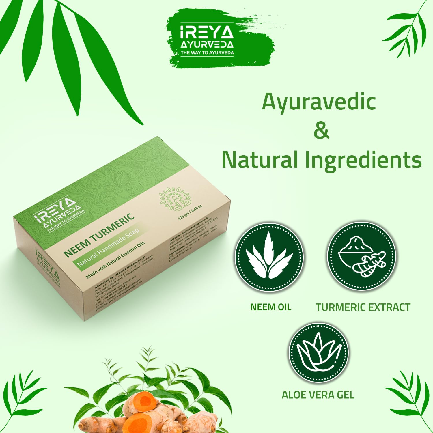 Neem Turmeric Soap - 125 g (4.41 oz) - Ayurvedic Natural cleansing soap Free from Parabens, SLS and Gluten Free, Vegan, Handmade