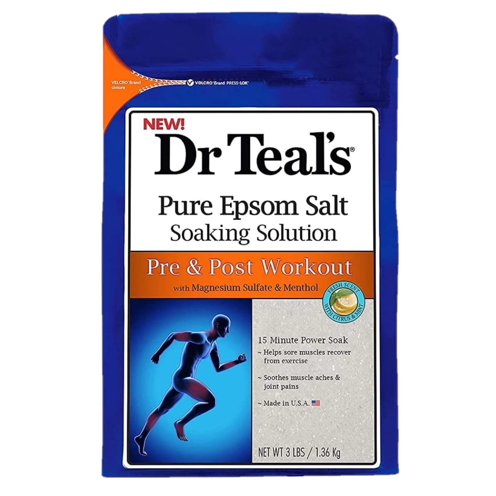 Dr. Teals Pre & Post Workout Epsom Salt Soaking Solution (4 Pack, 3lbs Ea.) - Essential Oils Blended with Pure Epsom Salt & Ment