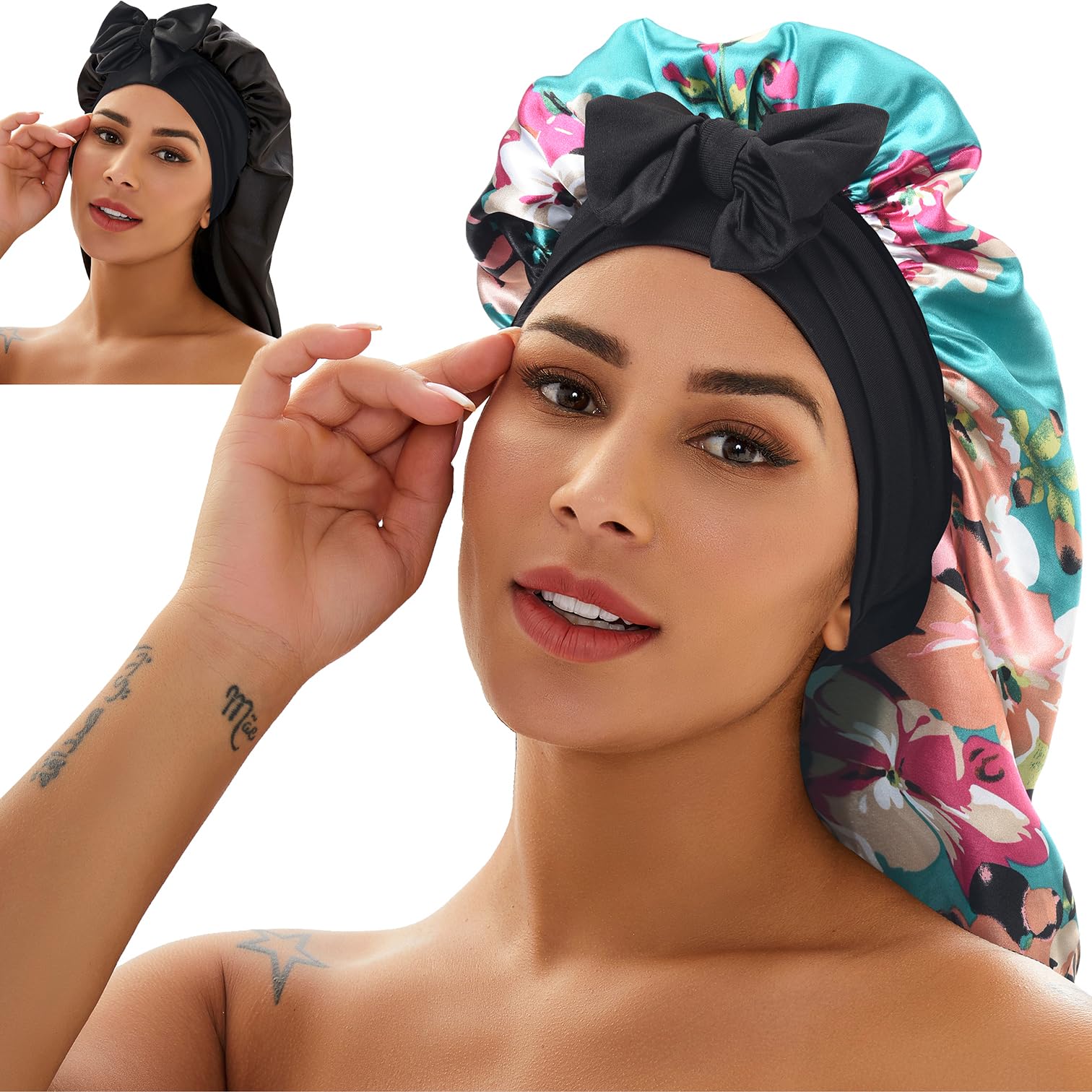 2 Pcs Silk Bonnet For Sleeping, Braid Bonnet Satin Bonnet With Tie Band Sleep Cap For Women Men Long Curly Hair Braids Black (2