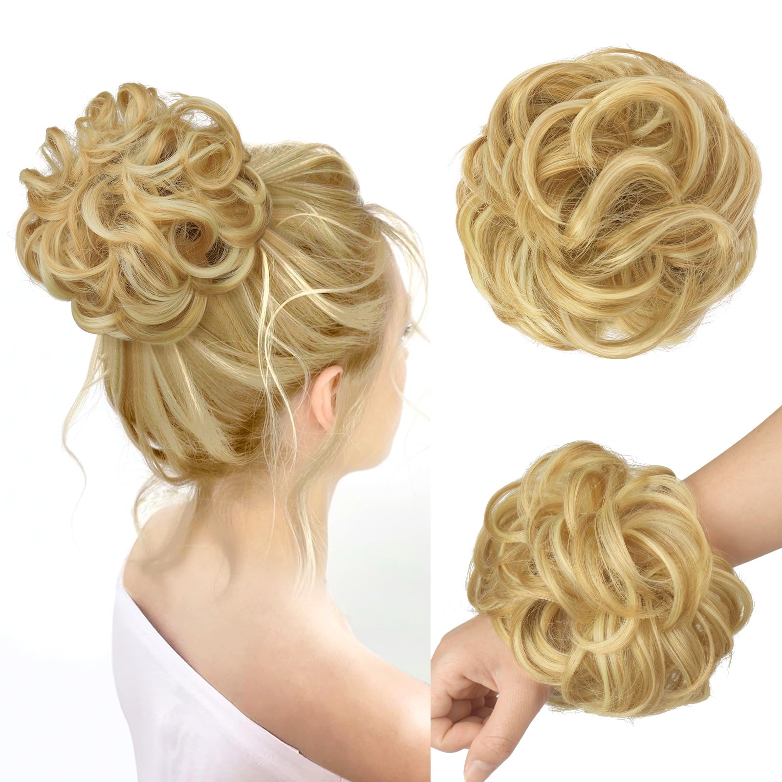FESHFEN Messy Bun Hair Piece Curly Wavy Large Hair Bun Scrunchies Extensions Synthetic Strawberry Blonde & Bleach Blonde Tousled
