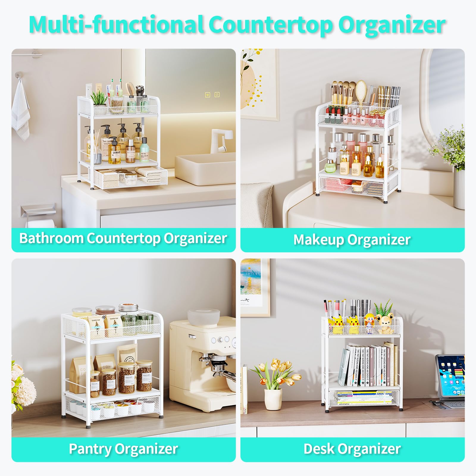 HapiRm Makeup Organizer Countertop with Drawer - Large Capacity Vanity Organizer with Dividers, Bathroom and Bedroom Desk Cosmet