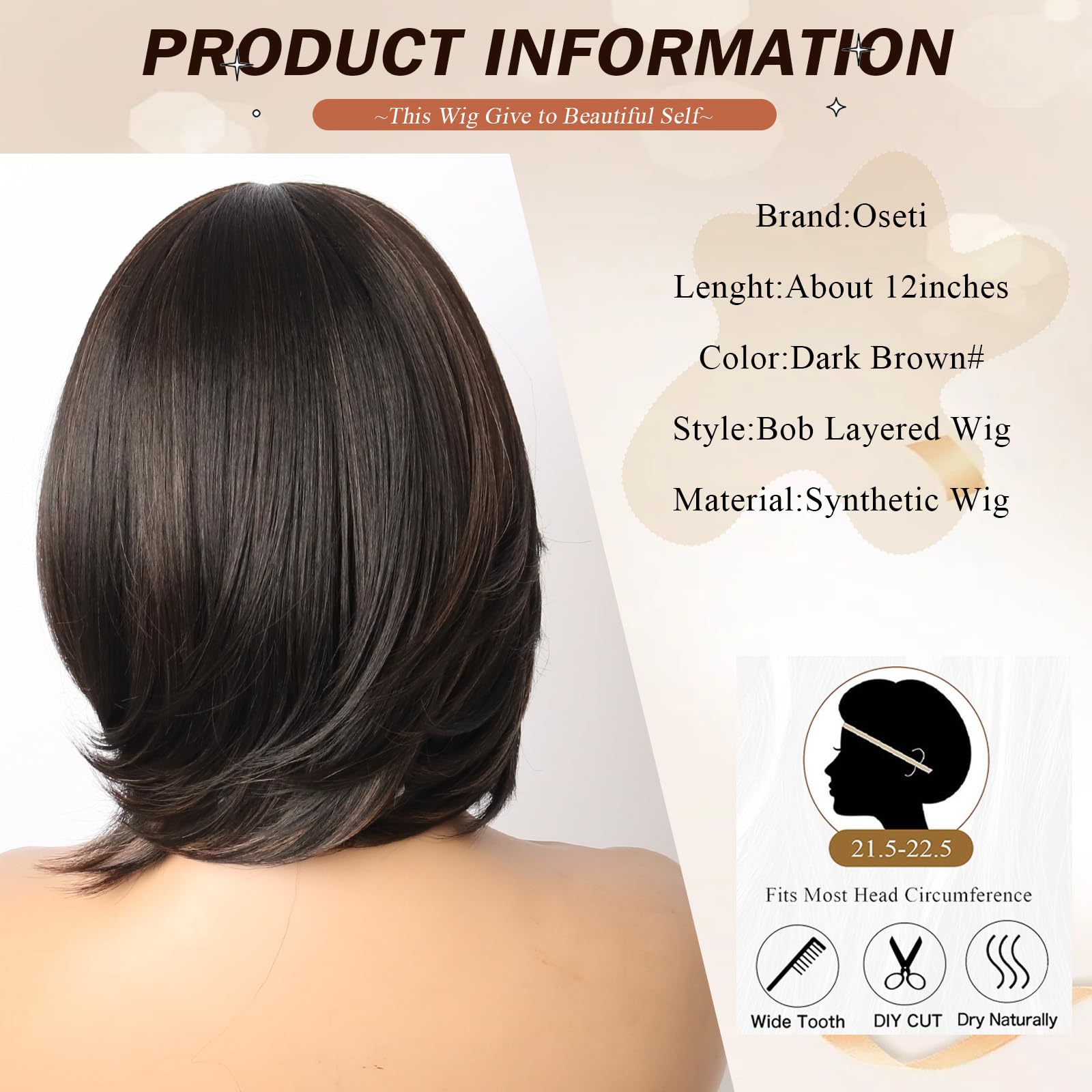 Oseti Dark Brown Wig Highlight Brown Wig with Curtain Bangs for Women Synthetic Short Hair Wig Short Brown Layered Wig Curly Bob