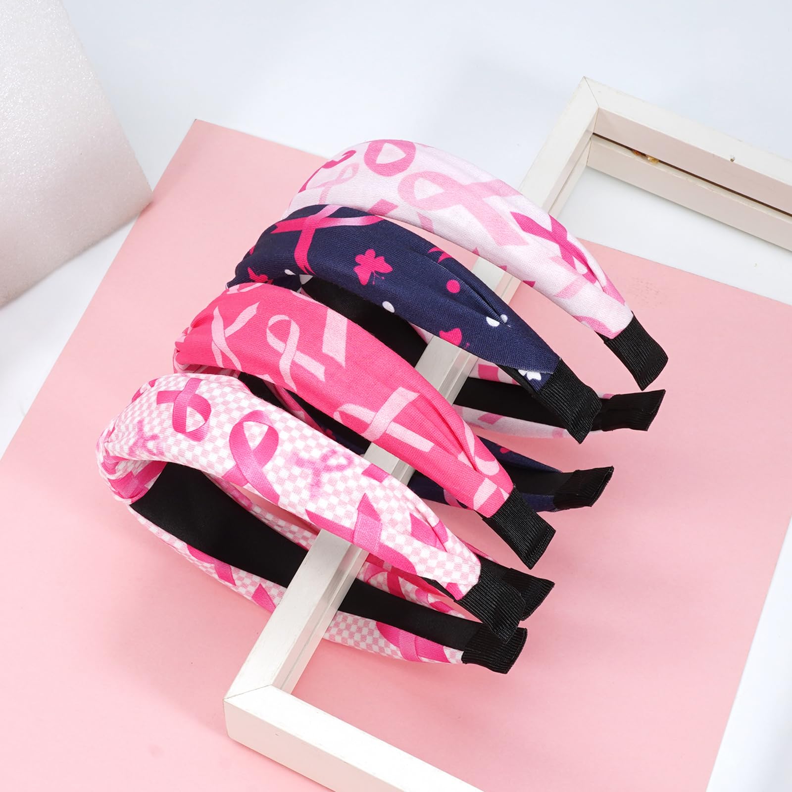 Budsmile Breast Cancer Headbands Pink Ribbon Wide Knotted Breast Cancer Awareness Headband for Women Workout Sports Yoga Running