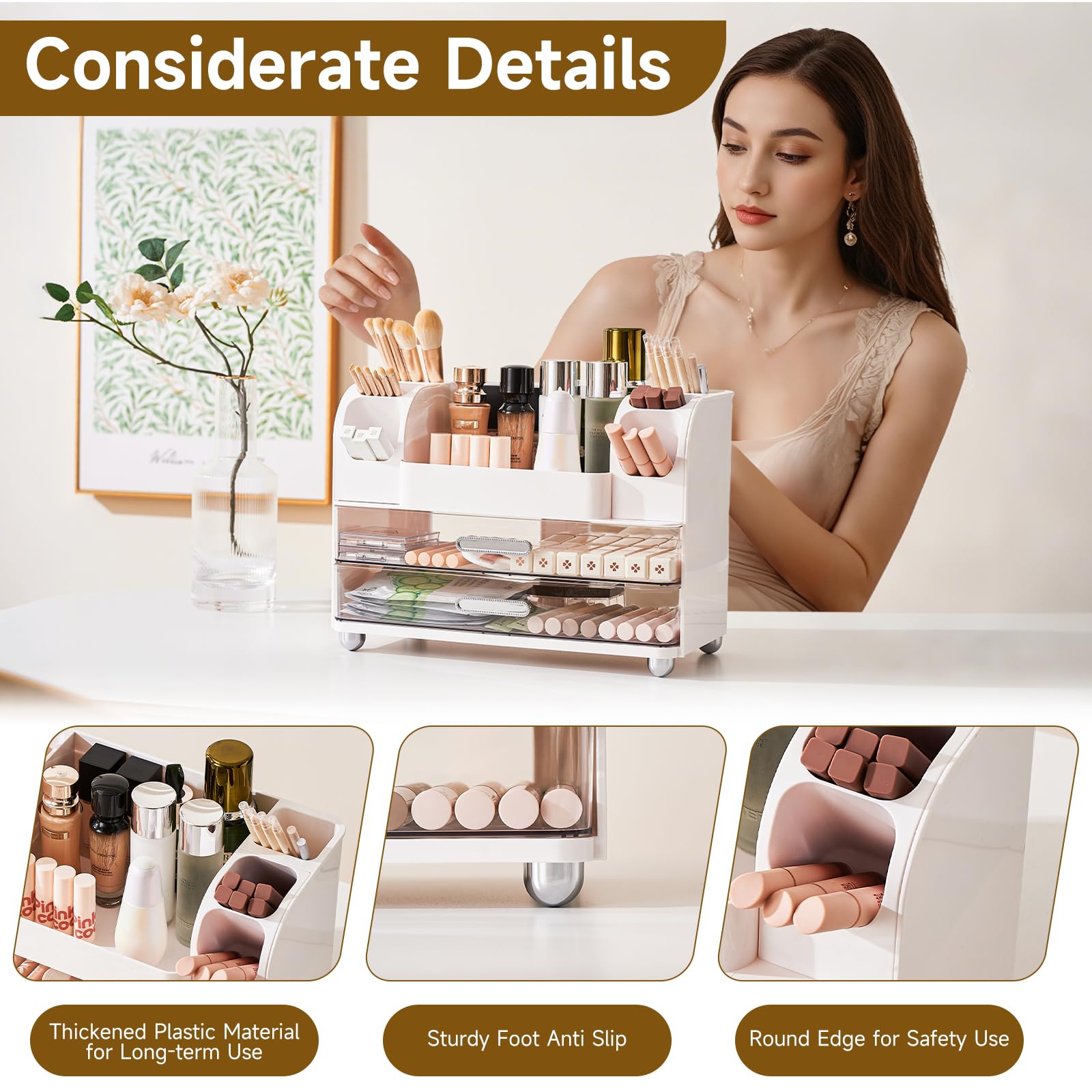 UFORU Makeup Organizer for Vanity with 2 Large Drawers, Cosmetic Display Case with Brush Holders, Easy to Storage for Bathroom C