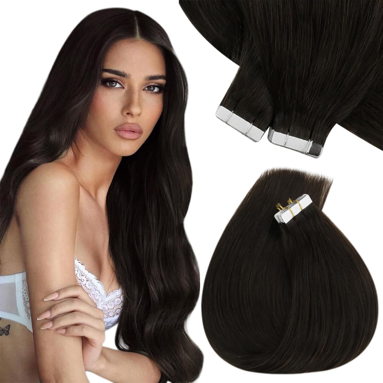 Sunny Hair Tape In Hair Extensions Darkest Brown 26Inch Seamless Human Hair Tape In Extensions Brown Tape In Hair Extensions Hum