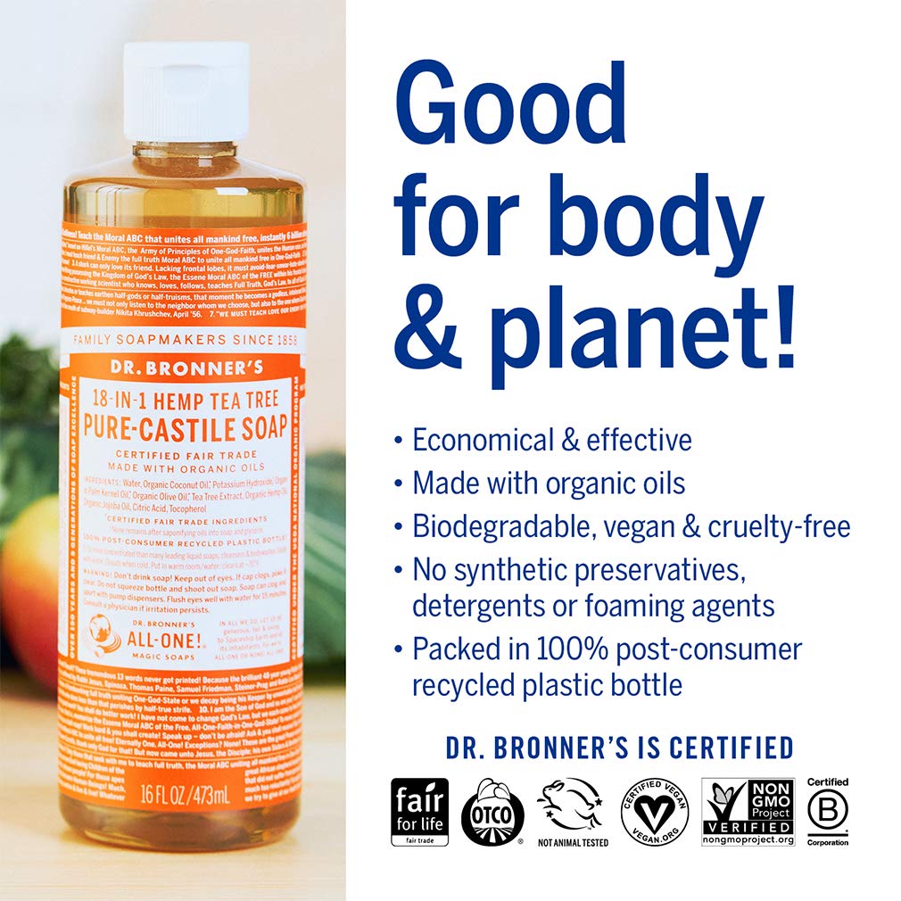 Dr. Bronner'S - Pure-Castile Liquid Soap (Tea Tree, 16 Ounce) - Made With Organic Oils, 18-In-1 Uses: Acne-Prone Skin, Dandruff,