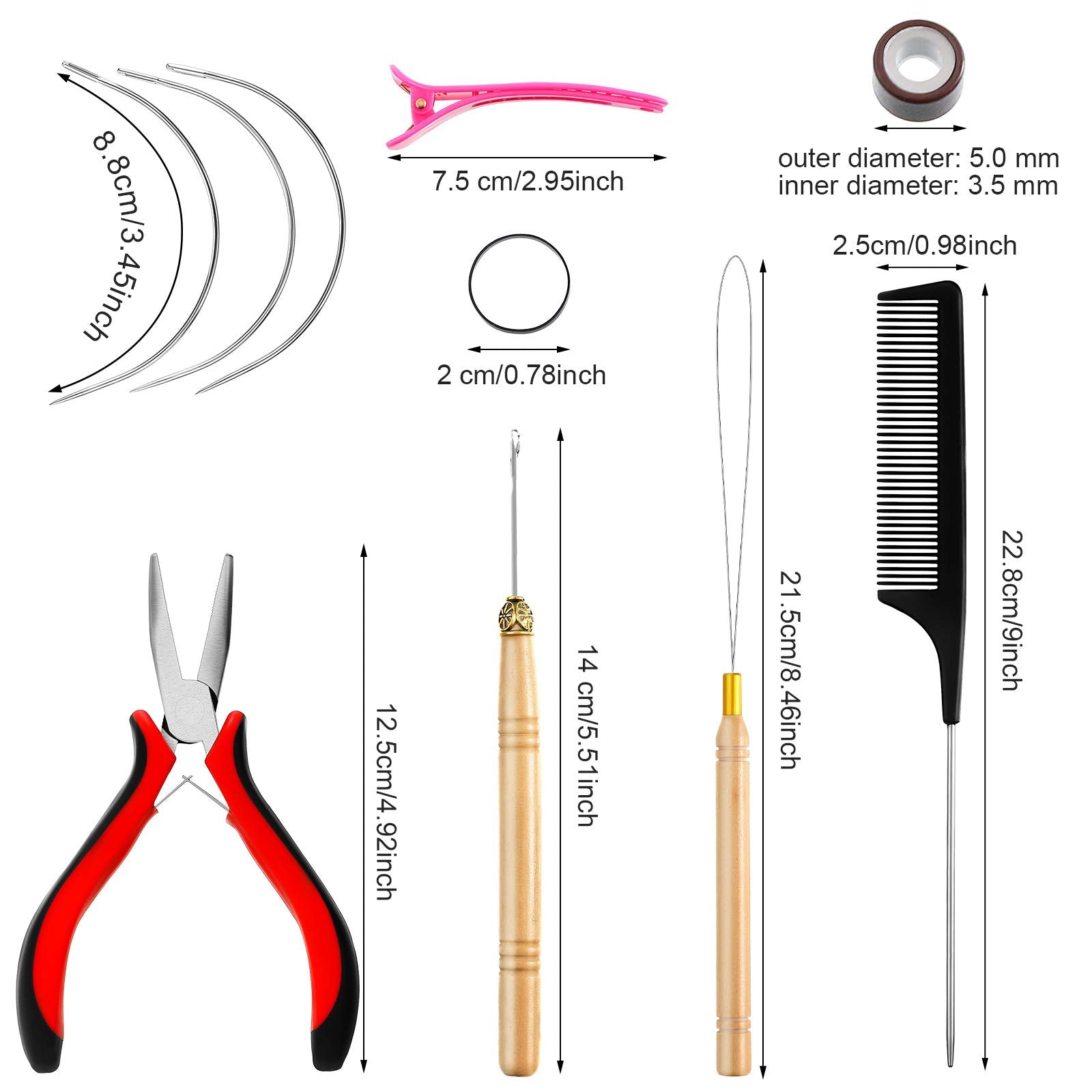 Hair Extension Tools Kit, 600 Silicone Lined Micro Rings, Micro Ring Beads Pliers, 2 Hook Needle Pulling Loop, 10 Curved Hair Ne