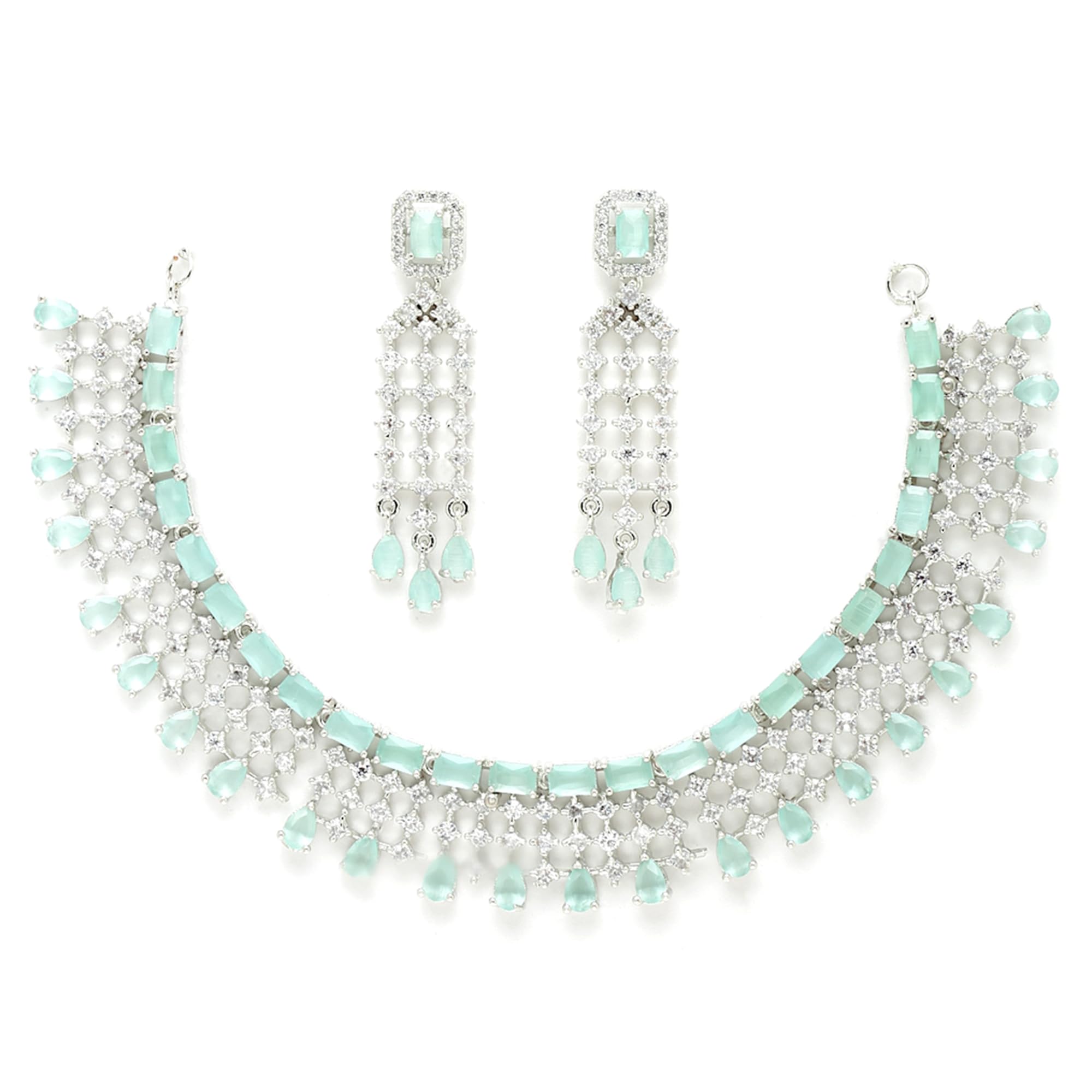 ZENEME Jewellery American Diamond Floral Design Choker Necklace Set With Earring For Women and Girls (Mint Rhodium)