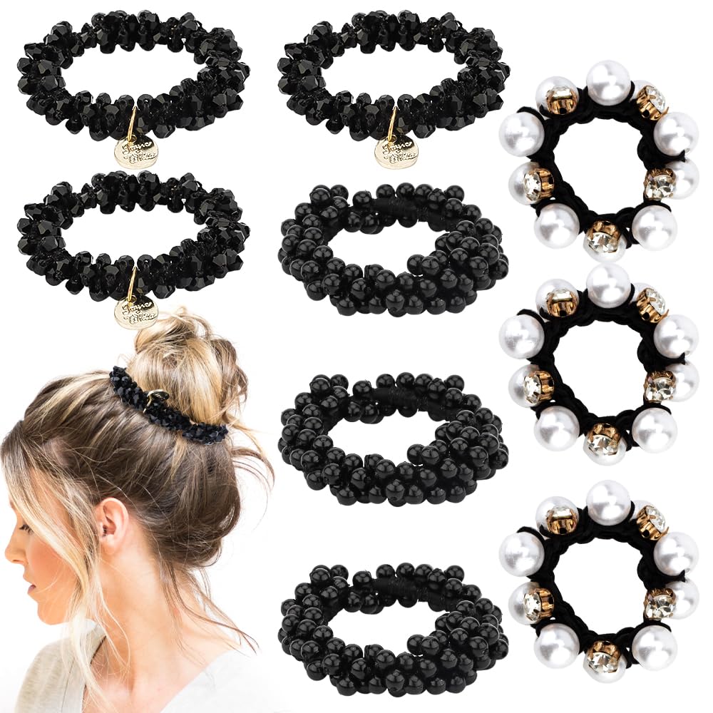 Ahoney 9Pcs Black Hair Ties Elastic Hair Scrunchies Hold Crystal Pearls Beads Bulk Hair Ropes Stretchy Handmade Hair Accessories