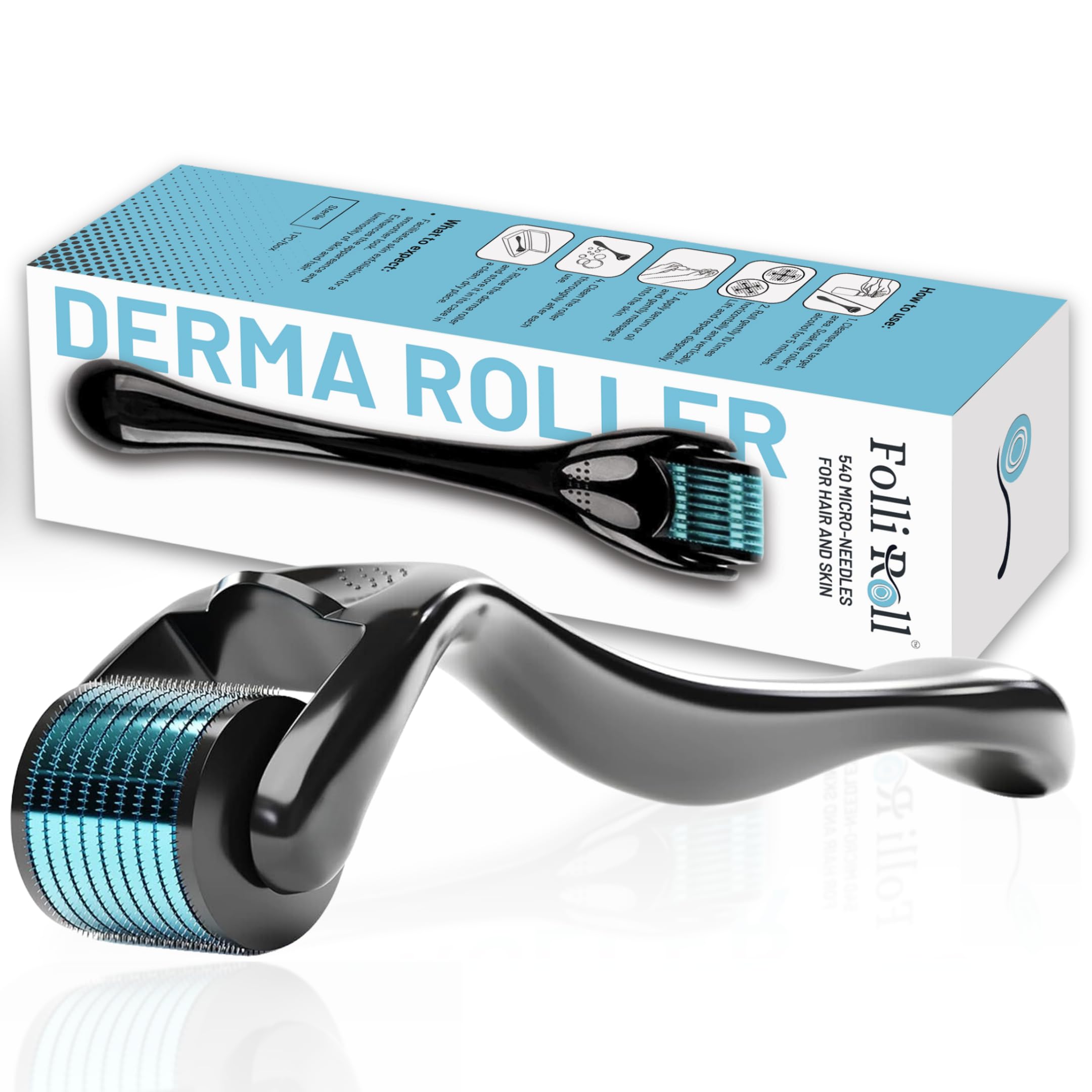 FolliRoll Blue Derma Roller for HAIR, BEARD and SKIN | Microneedle Roller for Men and Women - Beard, Hair and Skin- 540 Needles 