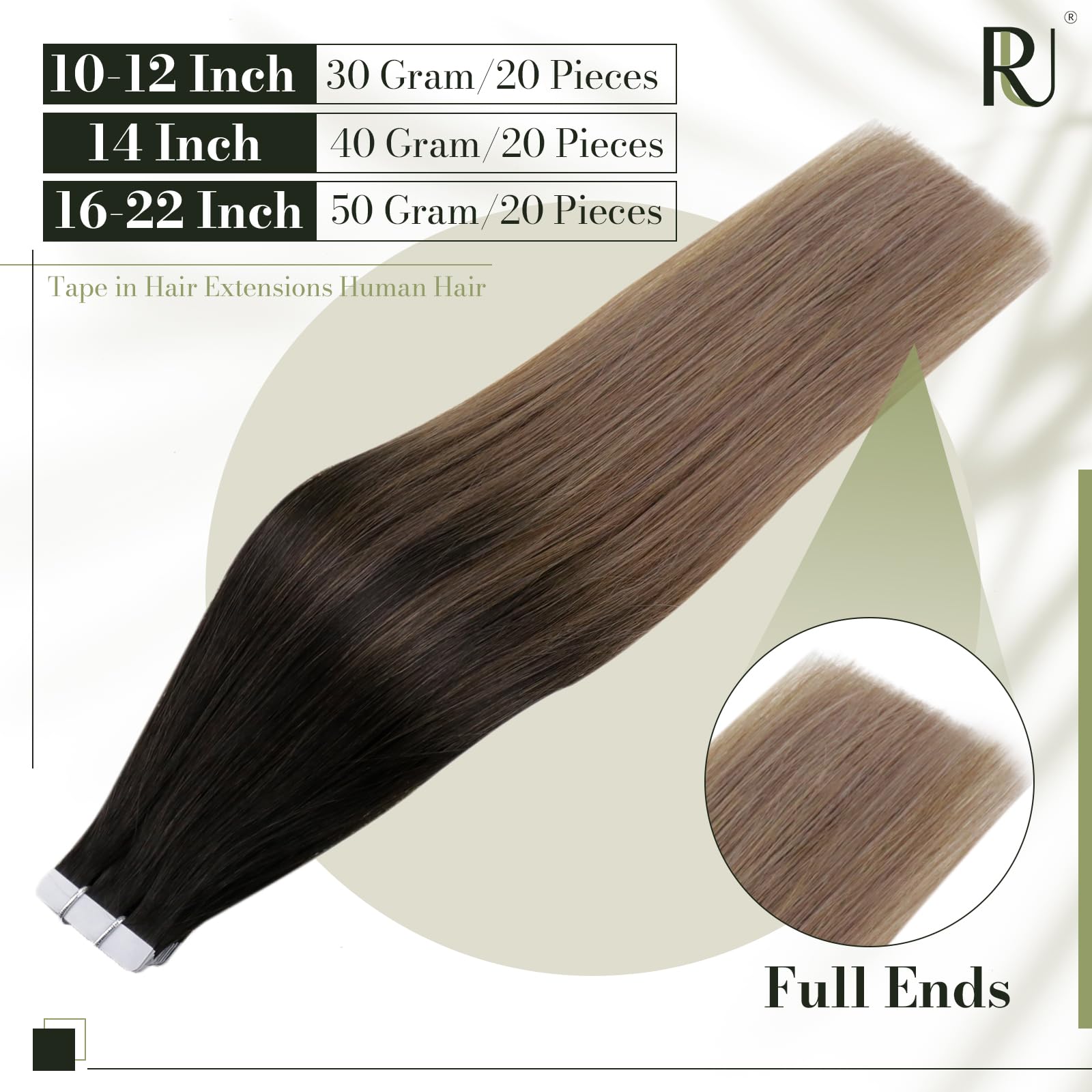 Runature Balayage Hair Extensions Tape In Human Hair Brown 16 Inch Straight Tape In Hair Extensions Human Hair Ombre Dark Brown
