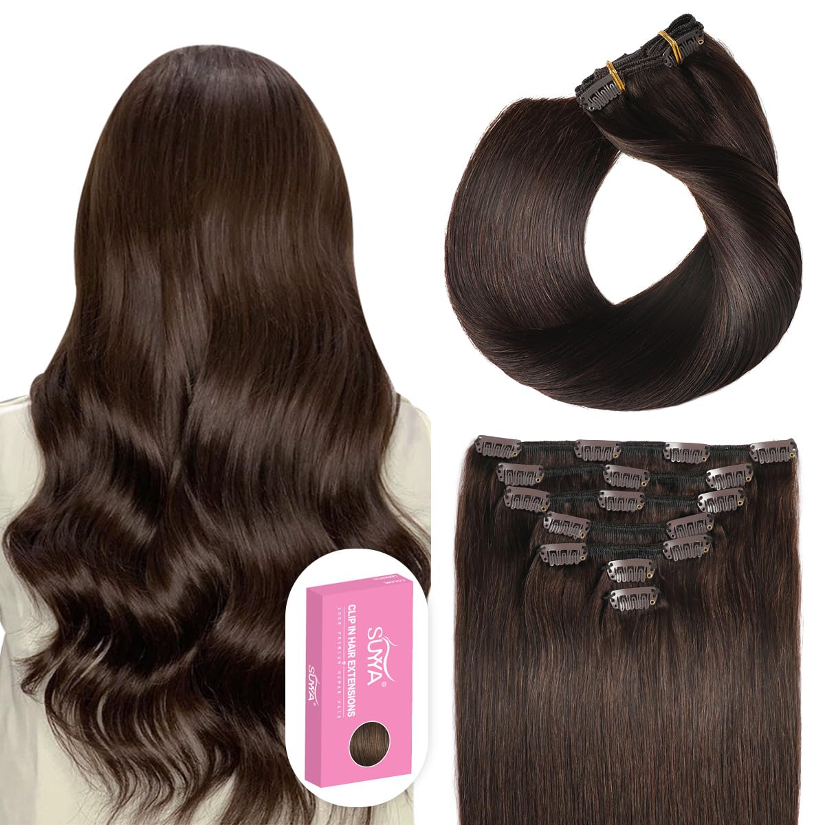 SUYYA Clip in Hair Extensions Real Human Hair,Hair Extensions Clip ins Straight Human Hair Clip ins Double Weft Human Hair Exten