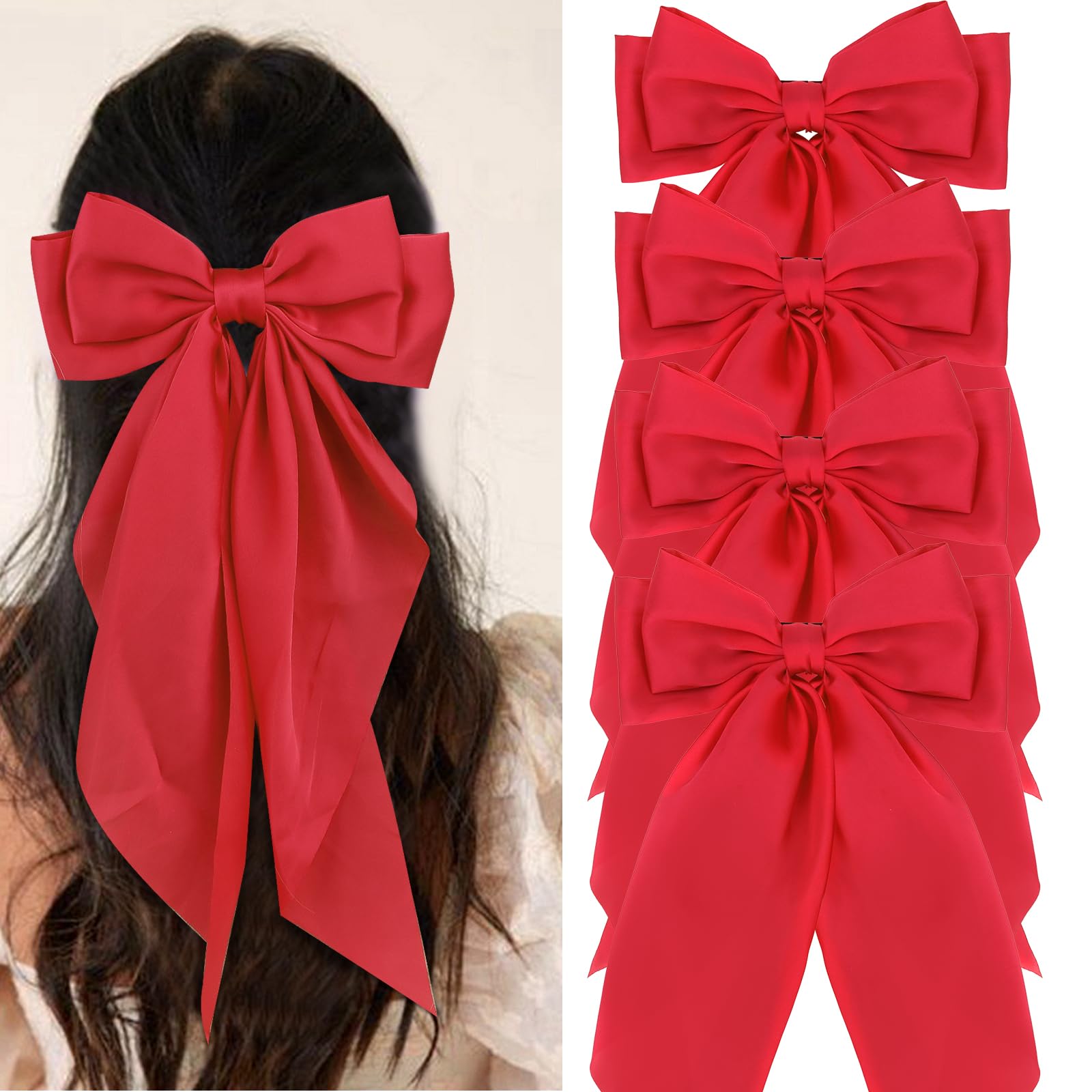 Wecoe 4pcs Big Hair Bows For Women Red Satin Bows Hair Barrettes Cute Large Christmas Hair Bow Clips With Long Tail Valentines D