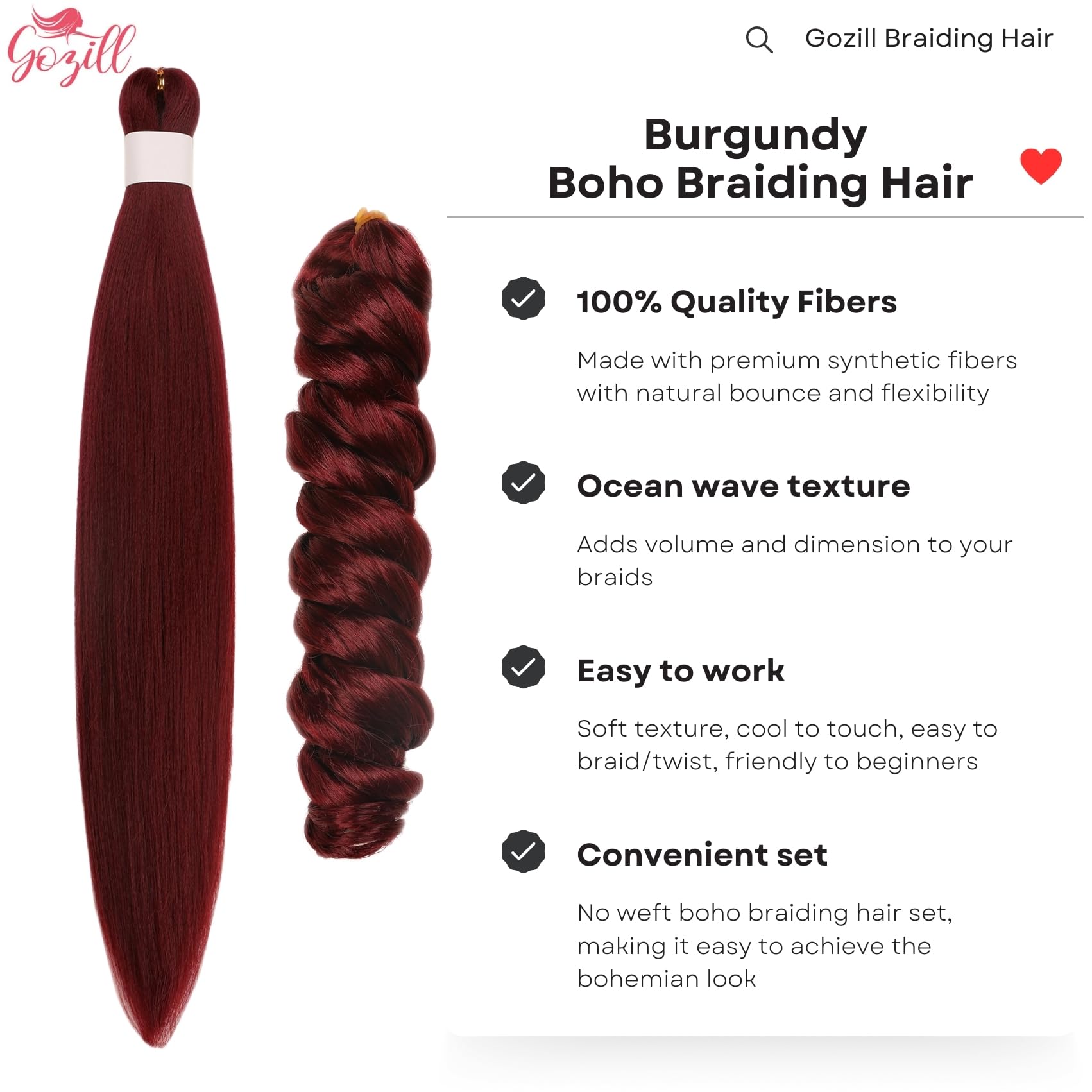 Burgundy Braiding Hair Pre Stretched Knotless Braiding Hair for Boho Braids Ocean Wave Boho Hair Extensions for Braiding (6 Pack