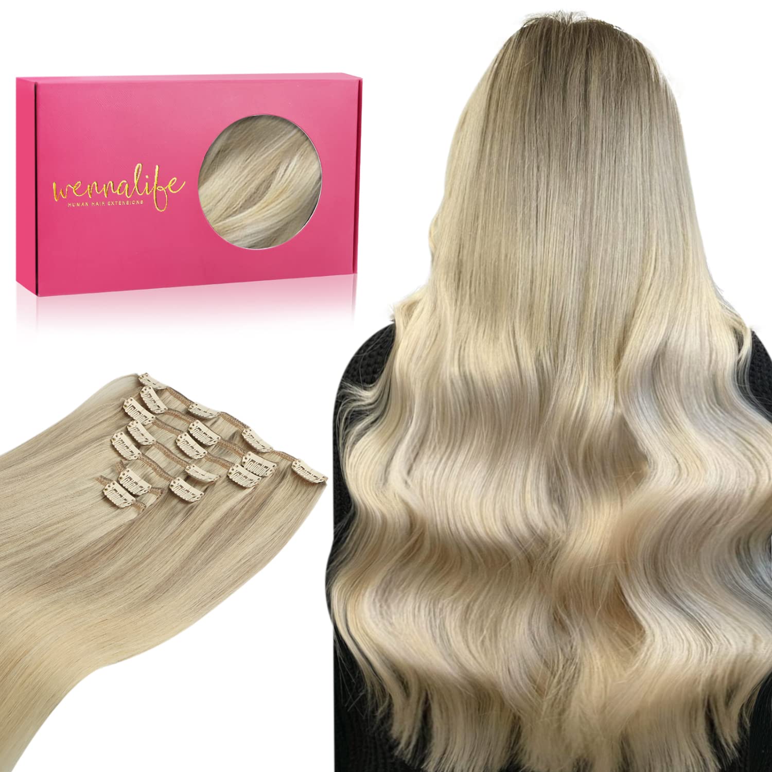 Wennalife Clip In Hair Extensions, 24 Inch 120G 7Pcs Clip In Hair Extensions Real Human Hair, Ash Blonde To Golden Blonde And Pl