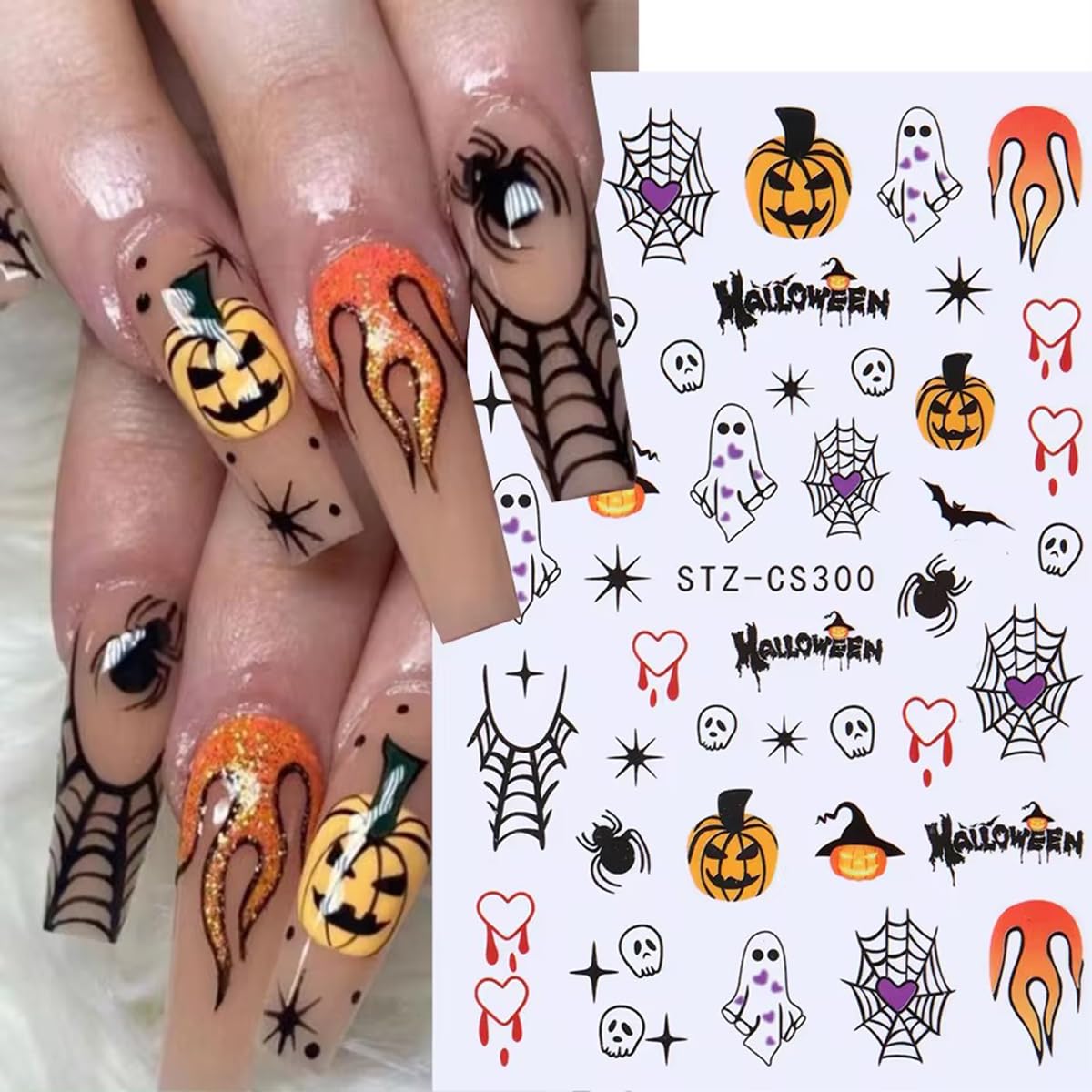 3D Halloween Nail Stickers For Nail Art, 6Pcs Spider Web Ghost Pumpkin Halloween Design Nail Decals Blood Spider Skull Nail Adhe