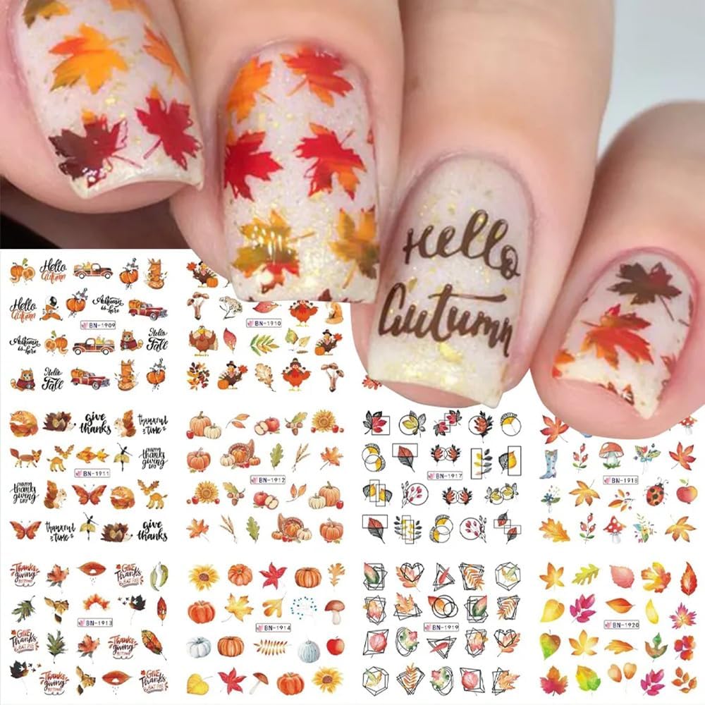 Fall Nail Art Stickers, Autumn Nail Art Water Decals Transfer Nail Supplies Maple Leaves Turkey Pumpkin Design Sticker For Women