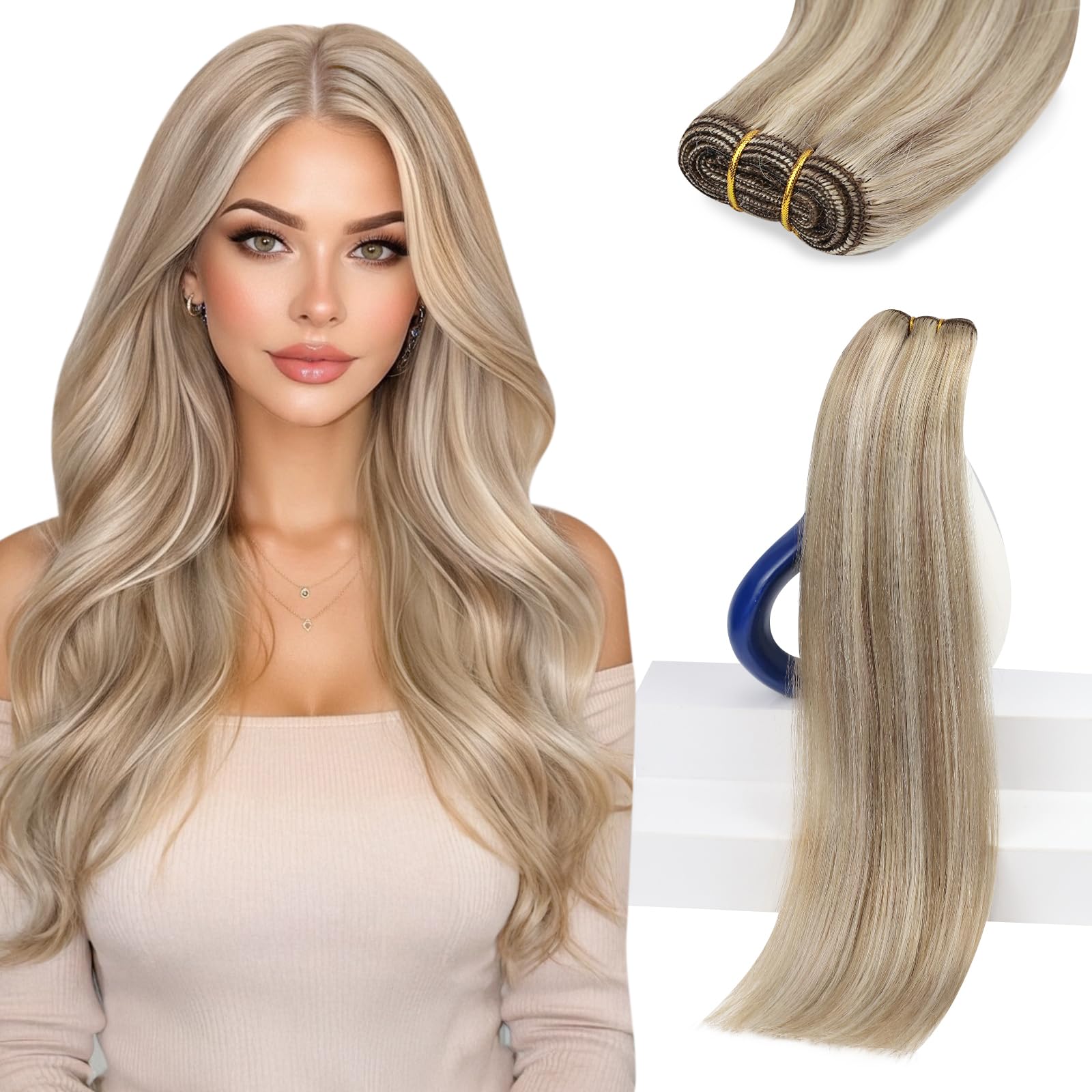 Sunny Hair Sew in Hair Extensions Real Human Hair 22 Inch Double-Wefted Lightest Brown Highlights Platinum Blonde Long Soft Stra